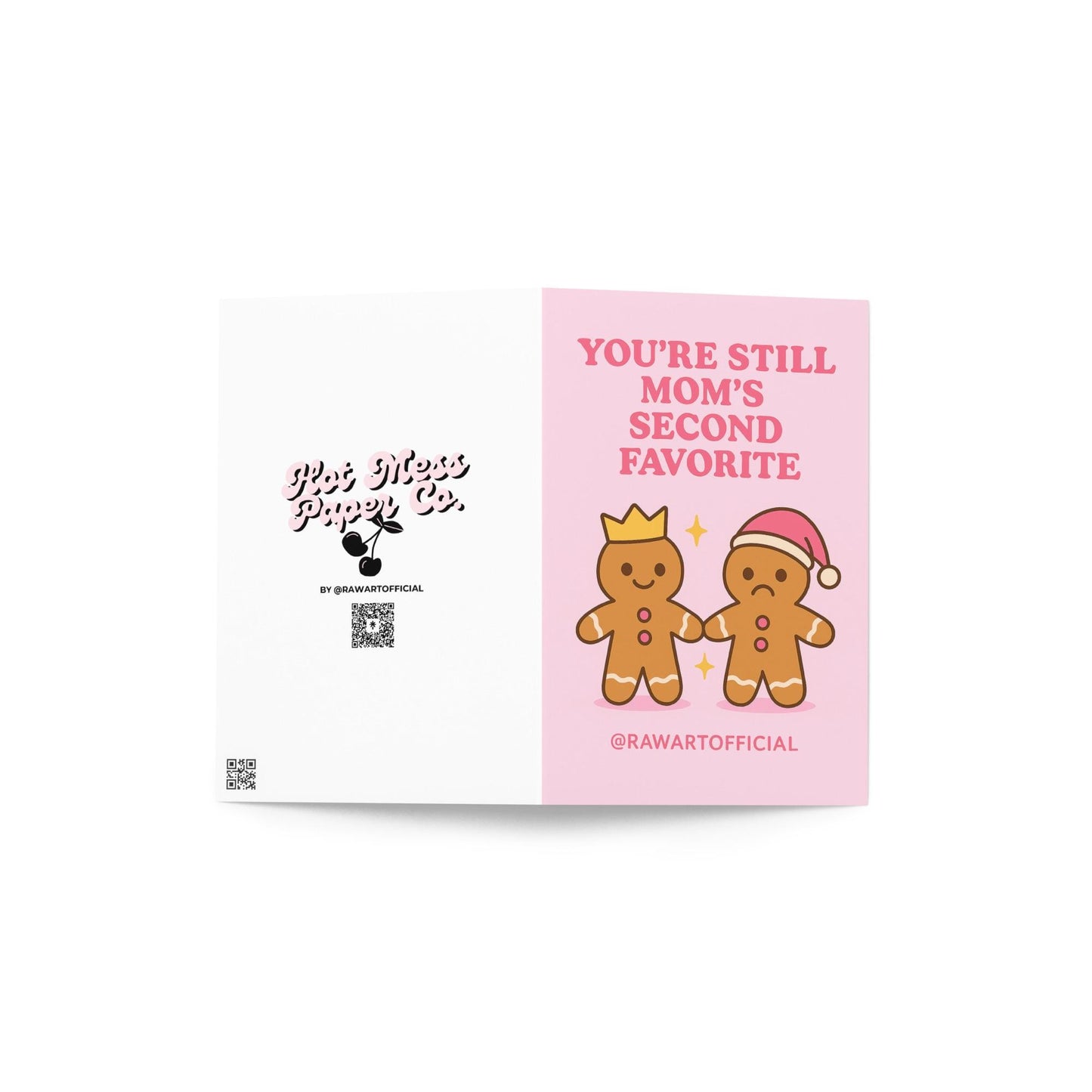 Gingerbread siblings Christmas card with pink background and funny “mom’s second favorite” text.