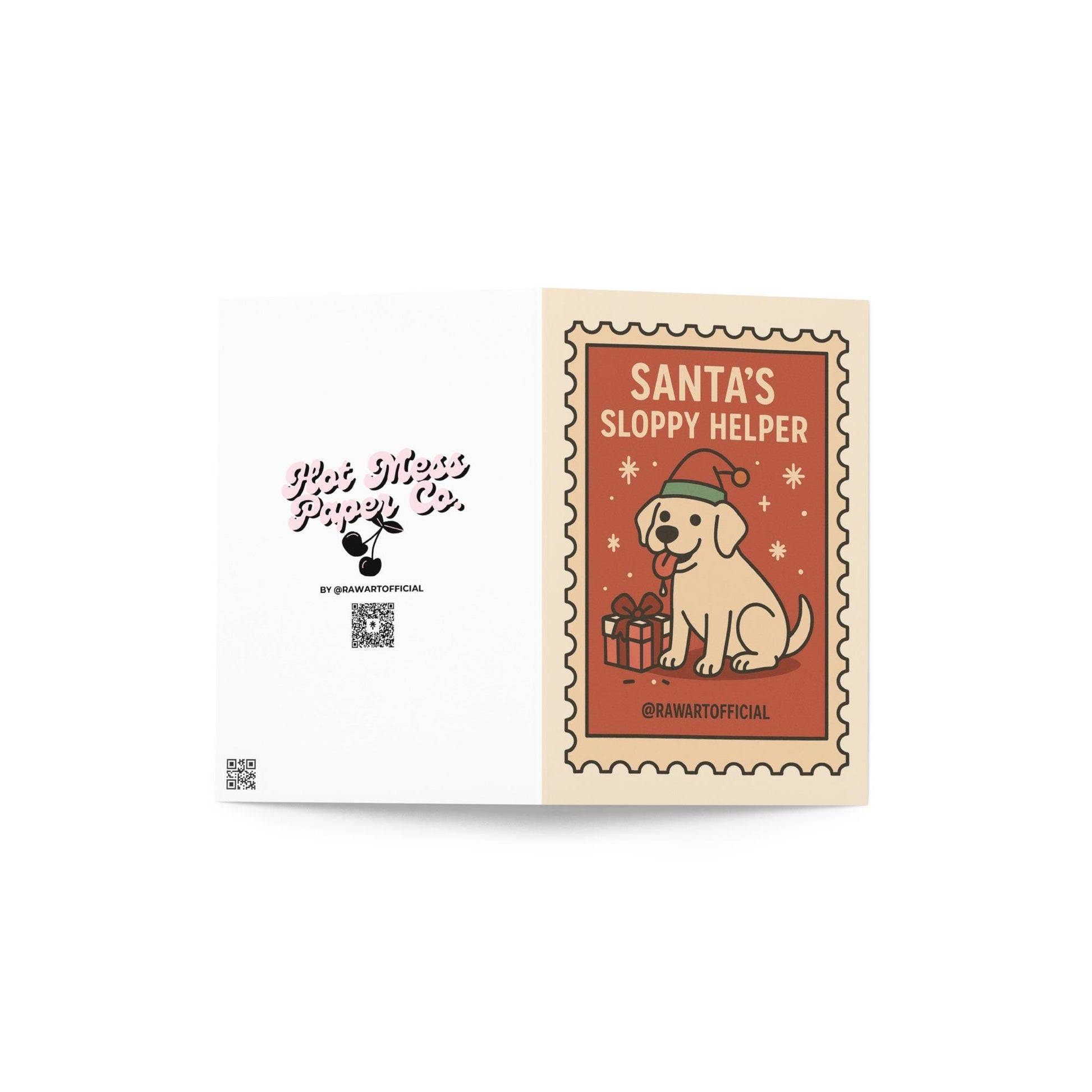 Cute Labrador Christmas card in retro stamp style with holiday gift and cozy colors.
