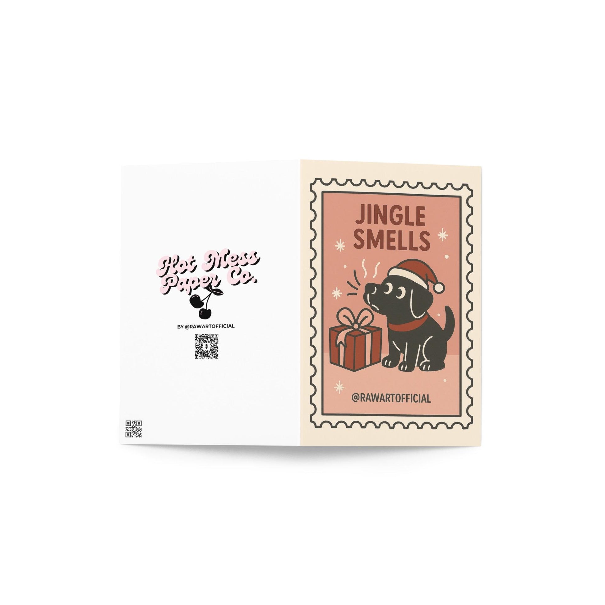Funny black lab Christmas card in pink retro stamp style sniffing a holiday gift.