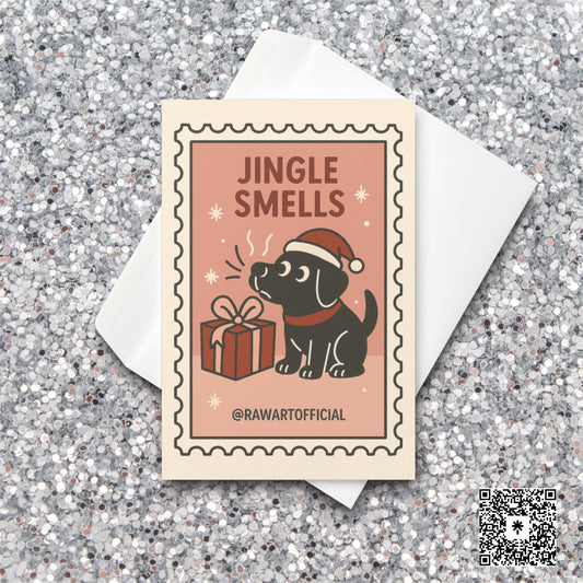 Funny black lab Christmas card in pink retro stamp style sniffing a holiday gift.