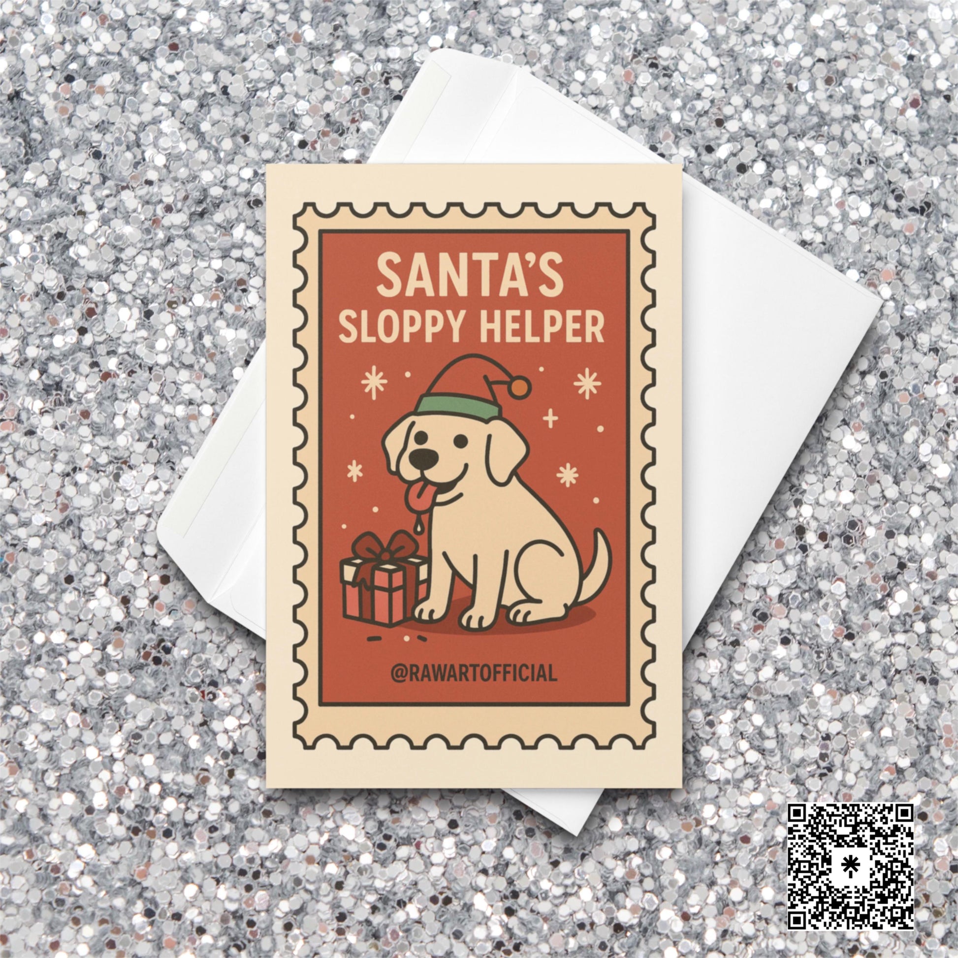 Cute Labrador Christmas card in retro stamp style with holiday gift and cozy colors.
