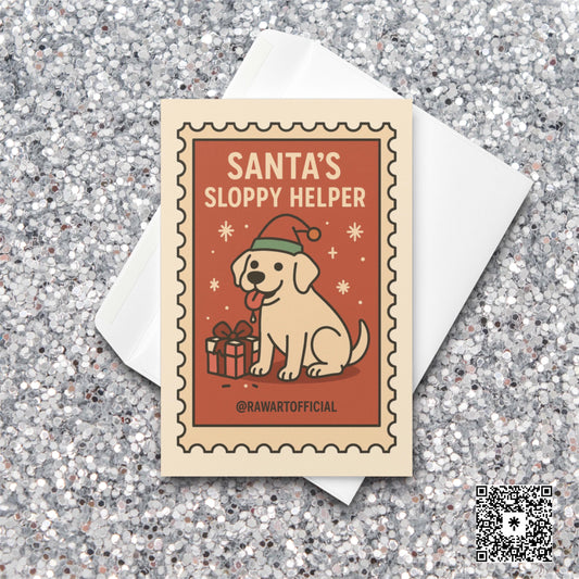 Cute Labrador Christmas card in retro stamp style with holiday gift and cozy colors.