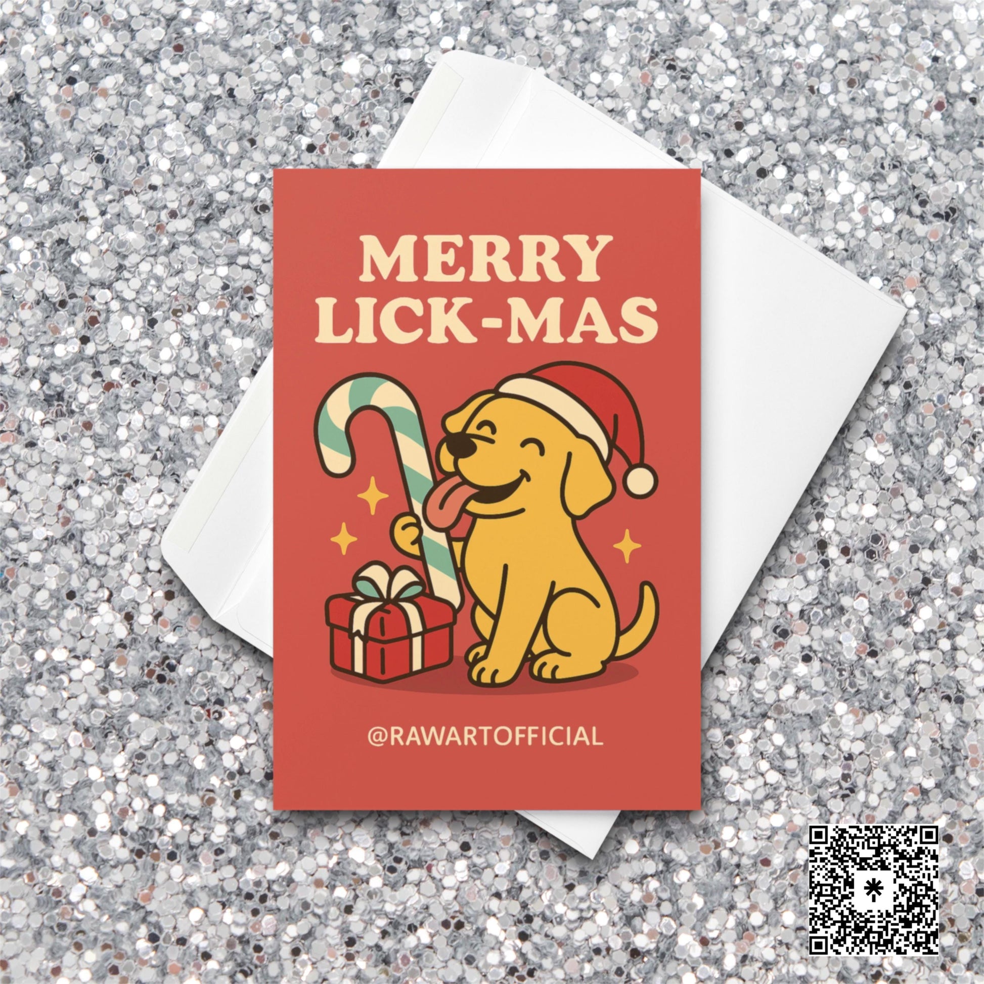 Yellow Lab holding candy cane with gift, funny red Christmas card saying Merry Lick-mas.