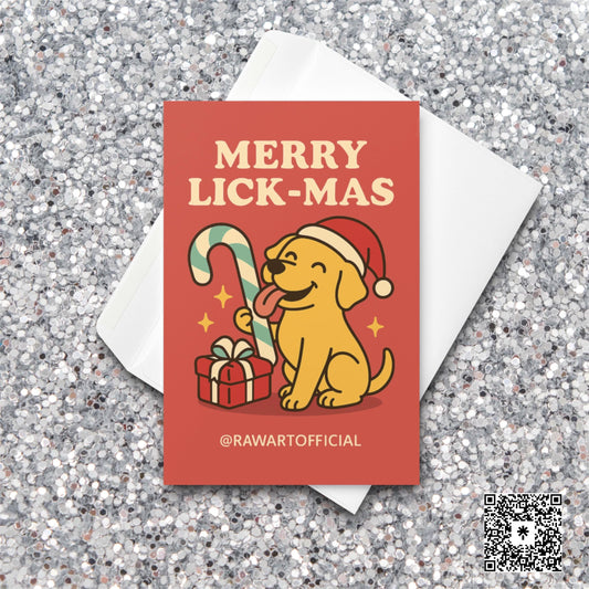 Yellow Lab holding candy cane with gift, funny red Christmas card saying Merry Lick-mas.