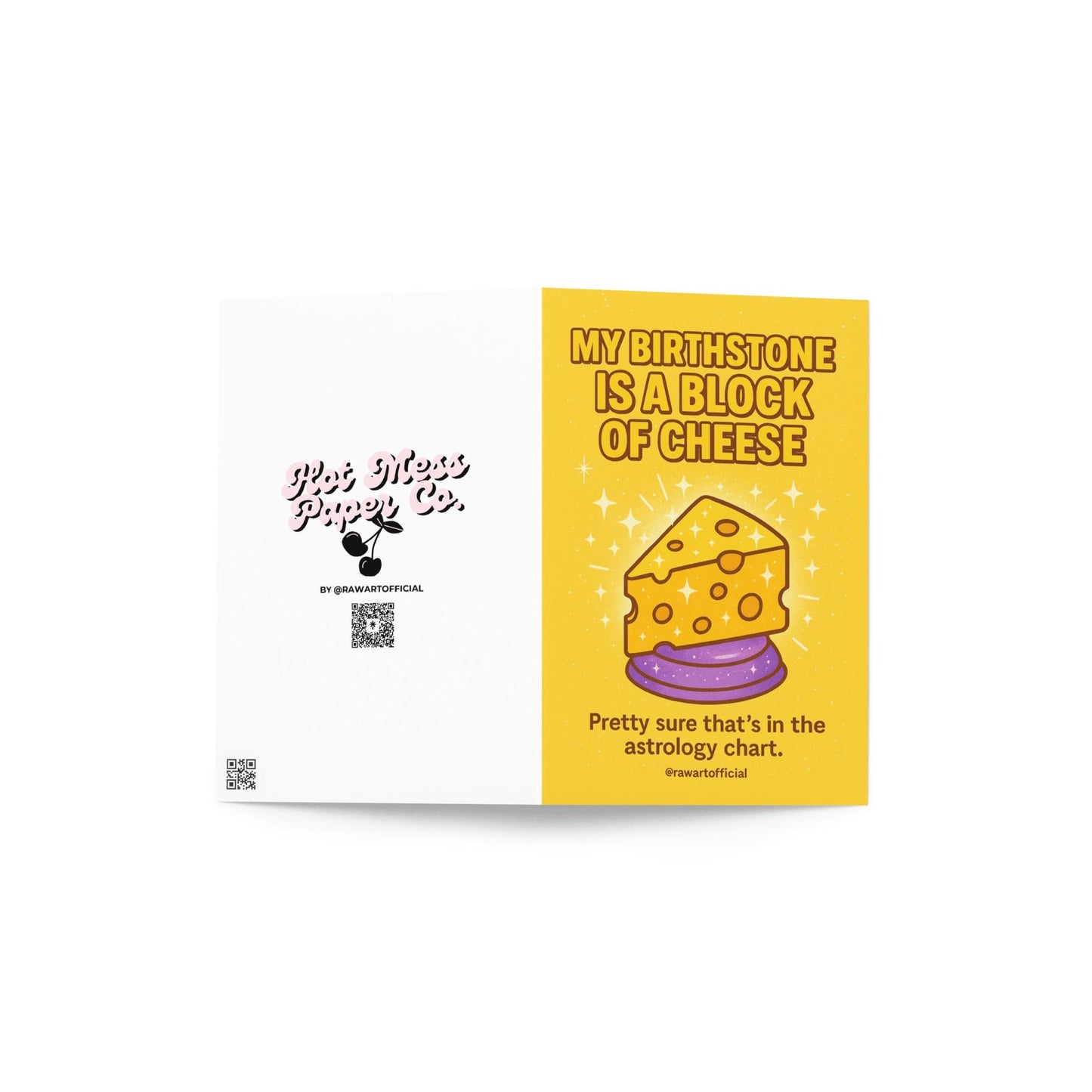 Sparkly cartoon cheese wedge on yellow background with text “My Birthstone Is a Block of Cheese.”