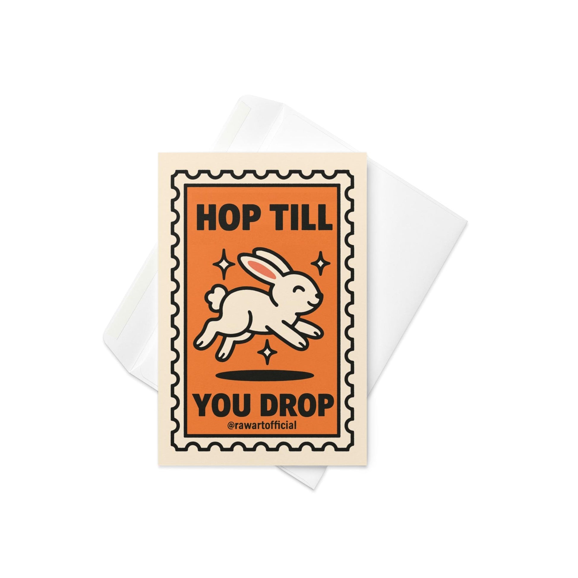 retro easter card with jumping white bunny and text hop till you drop inside postage stamp frame