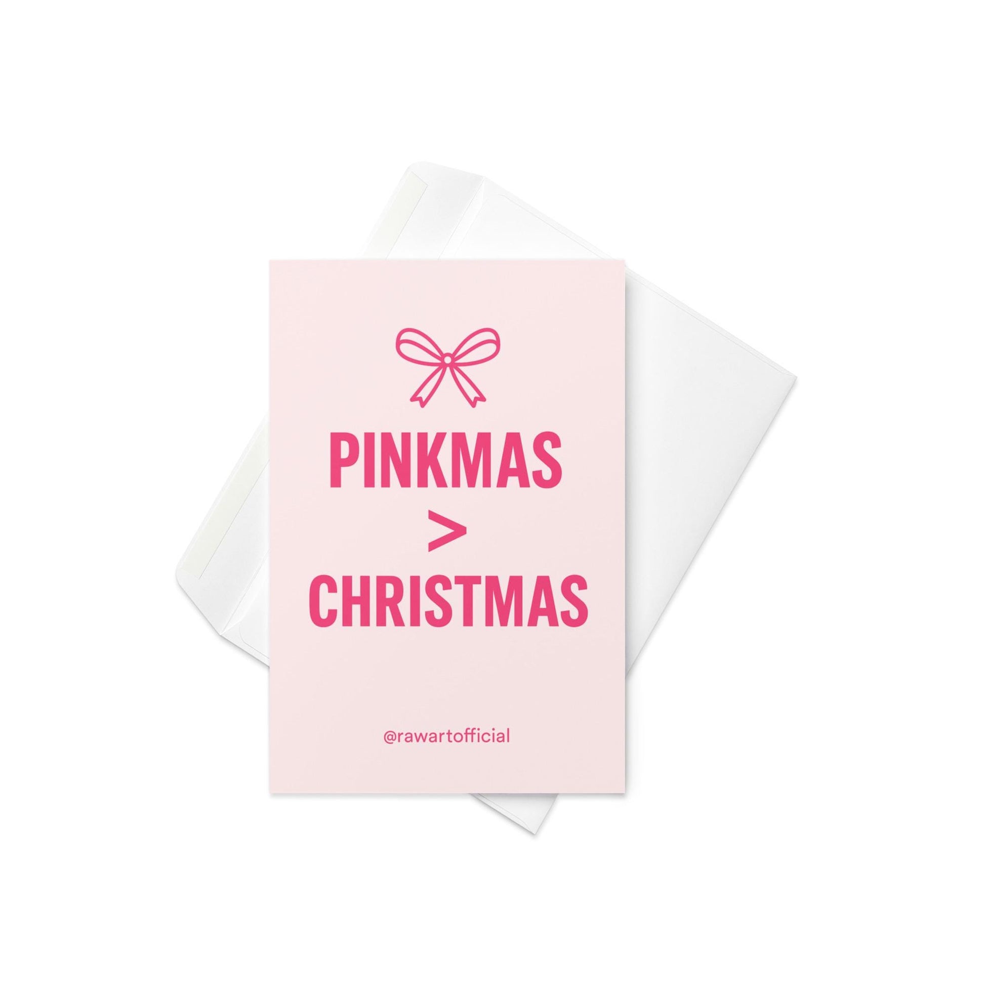 Pink card with bow icon and text “Pinkmas > Christmas” in bold hot-pink lettering.