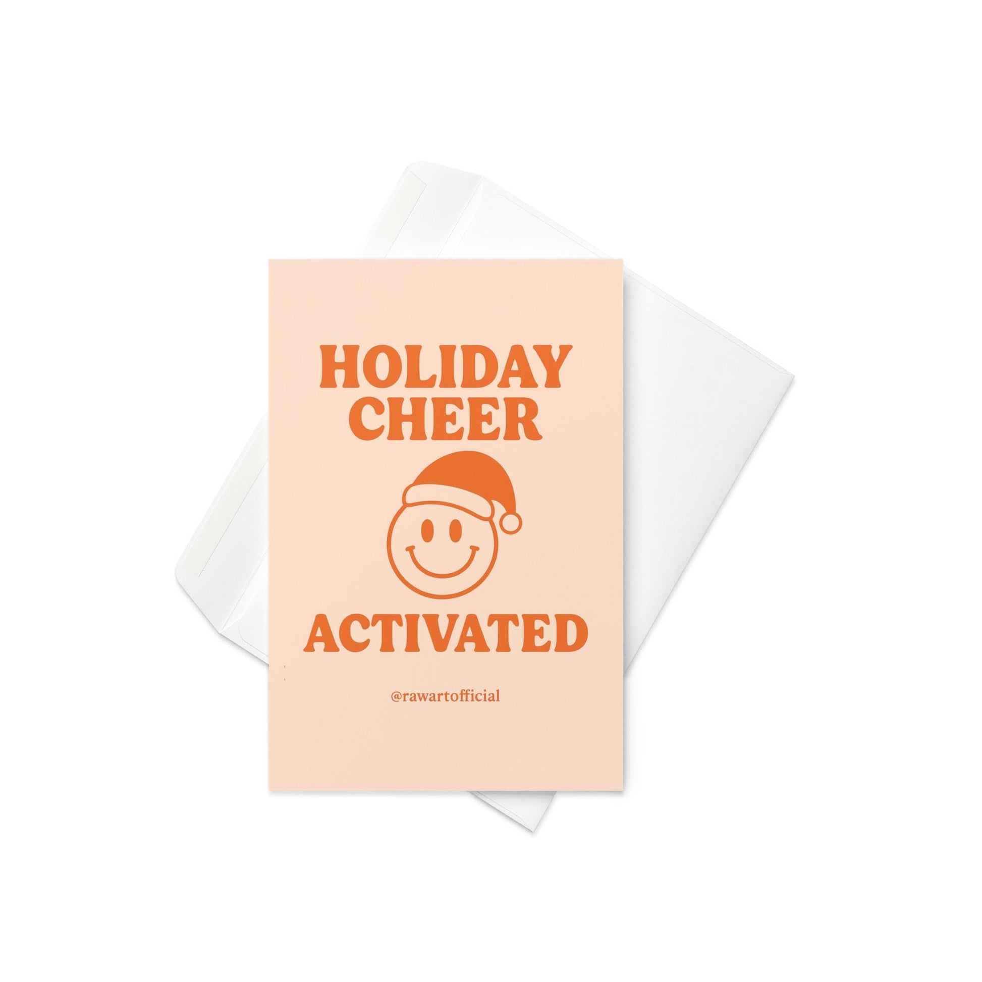 Retro smiley face in Santa hat with text “Holiday Cheer Activated” on peach background.