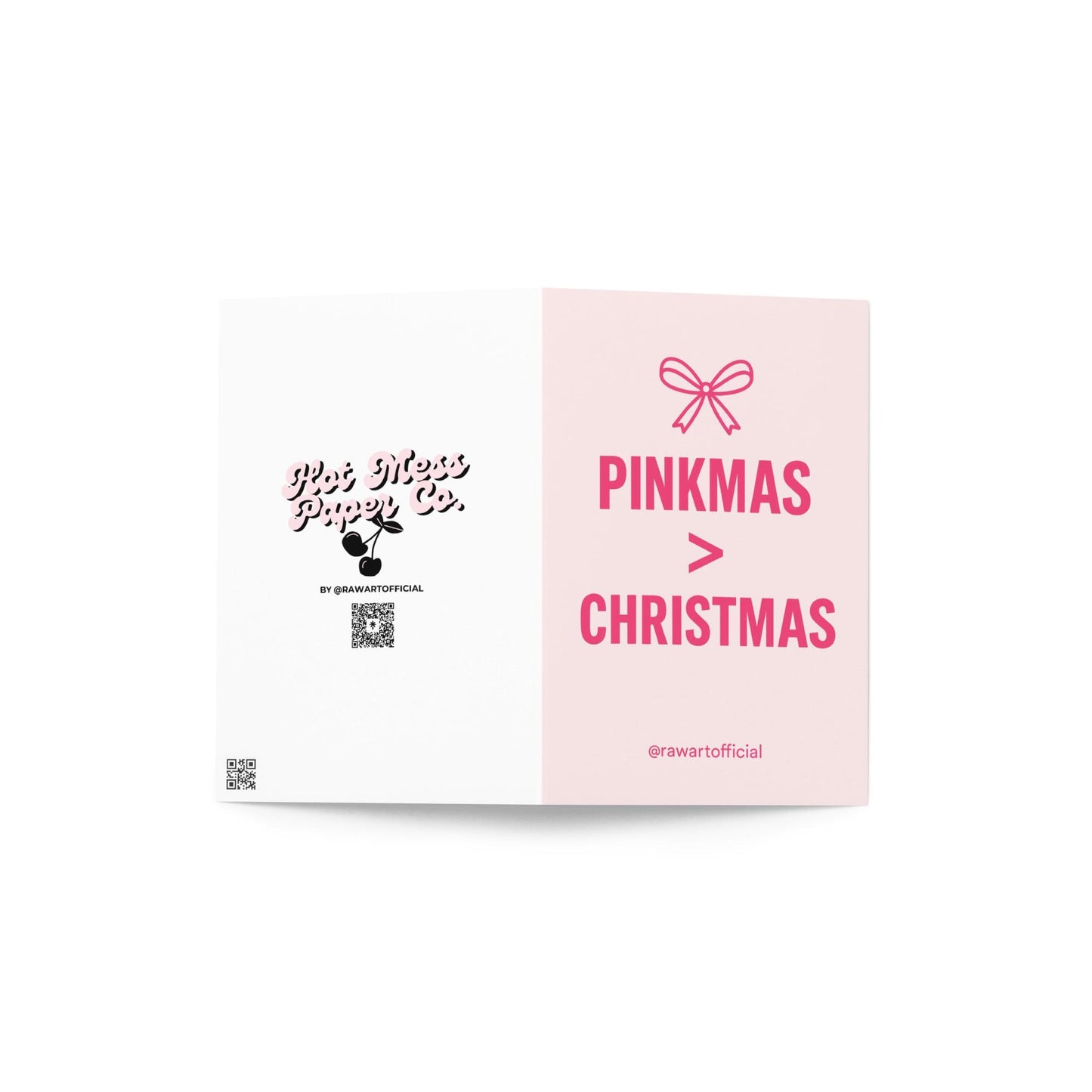 Pink card with bow icon and text “Pinkmas > Christmas” in bold hot-pink lettering.