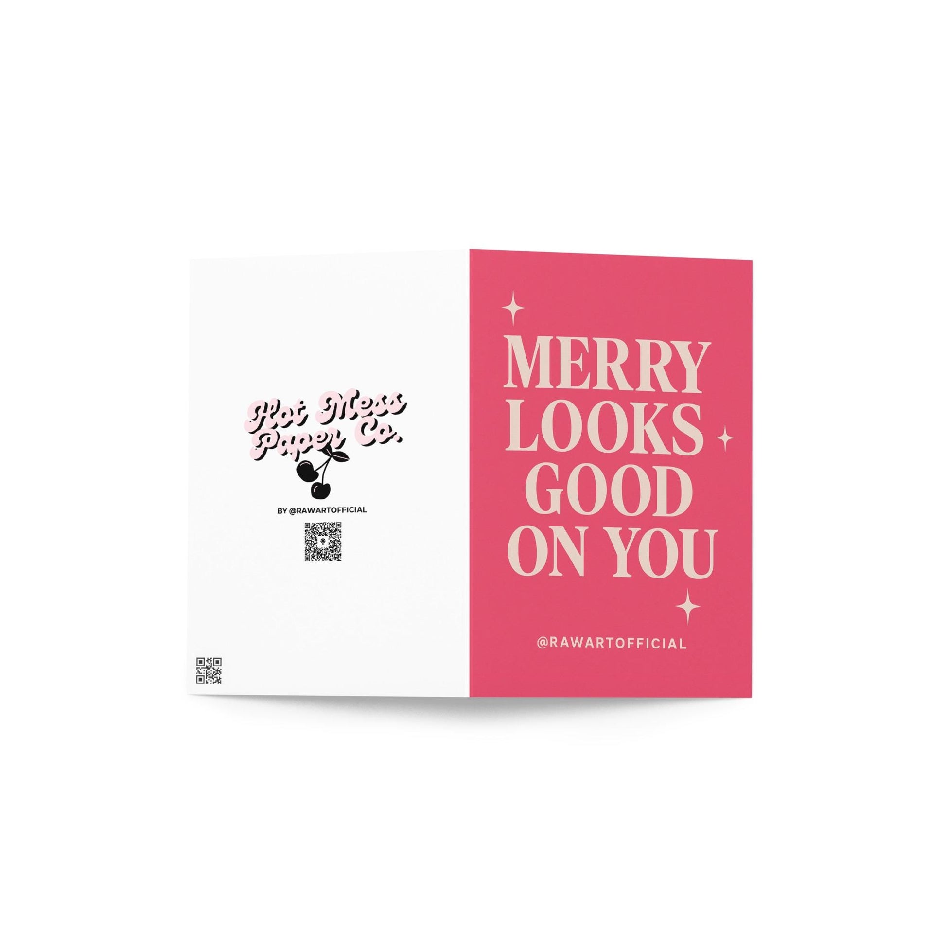 Pink card with retro cream text reading “Merry Looks Good on You” with sparkly accents.