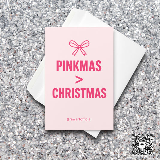 Pink card with bow icon and text “Pinkmas > Christmas” in bold hot-pink lettering.