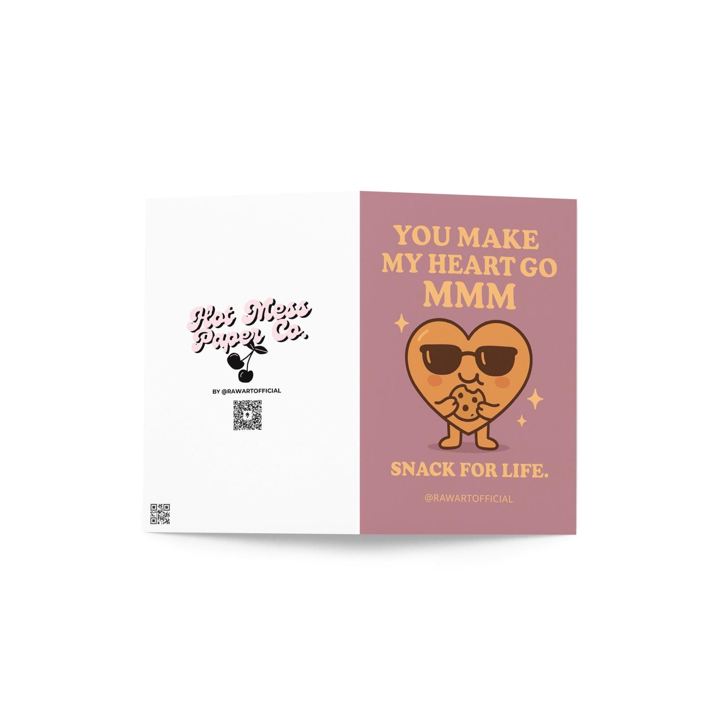 Cute heart in sunglasses eating a cookie with text “You make my heart go mmm.”