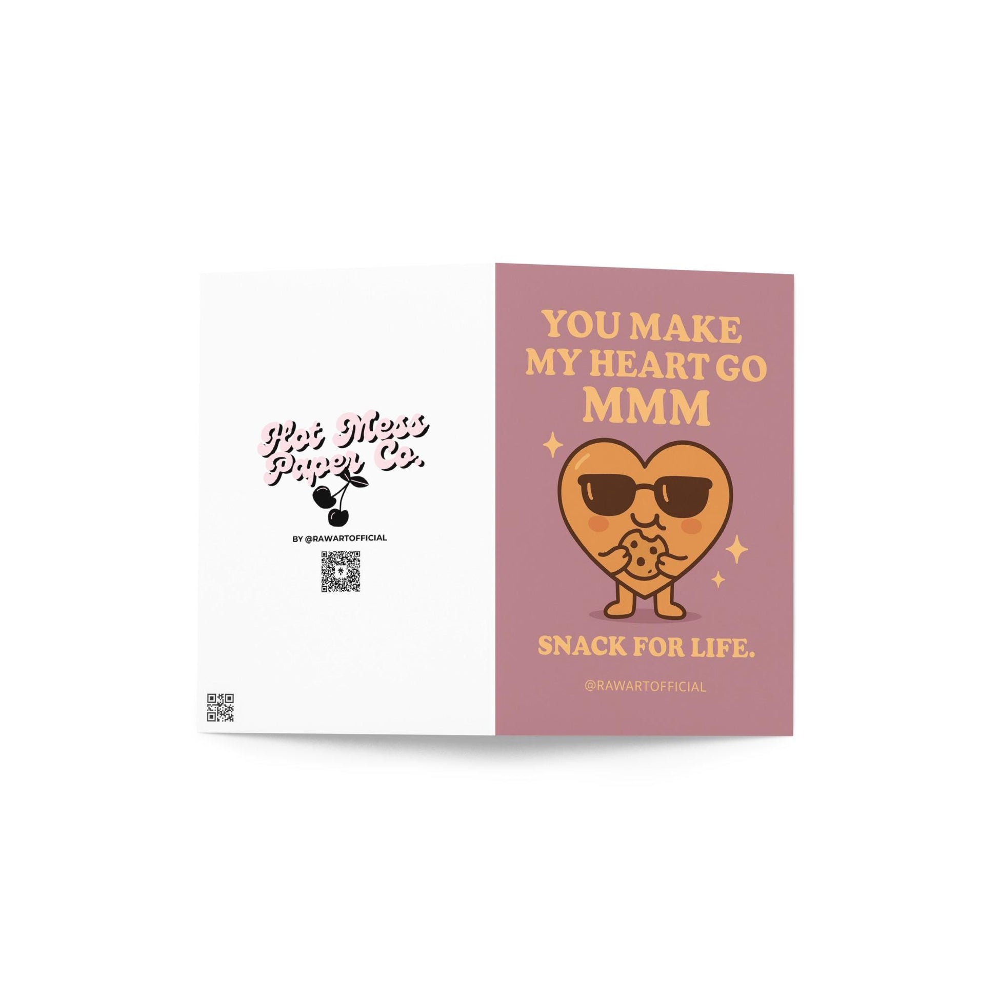 Cute heart in sunglasses eating a cookie with text “You make my heart go mmm.”