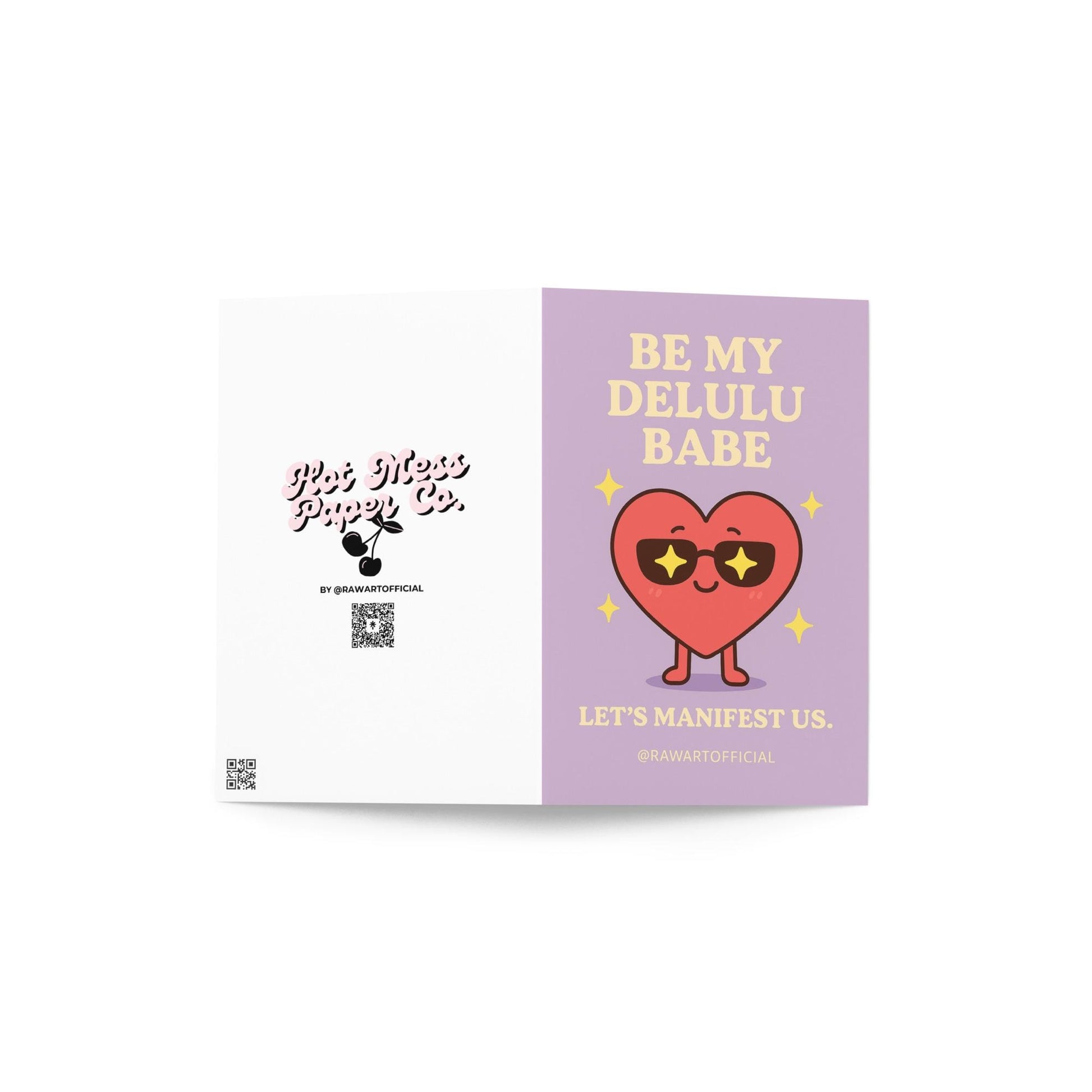 Cute heart with sunglasses reading “Be My Delulu Babe – Let’s Manifest Us.”