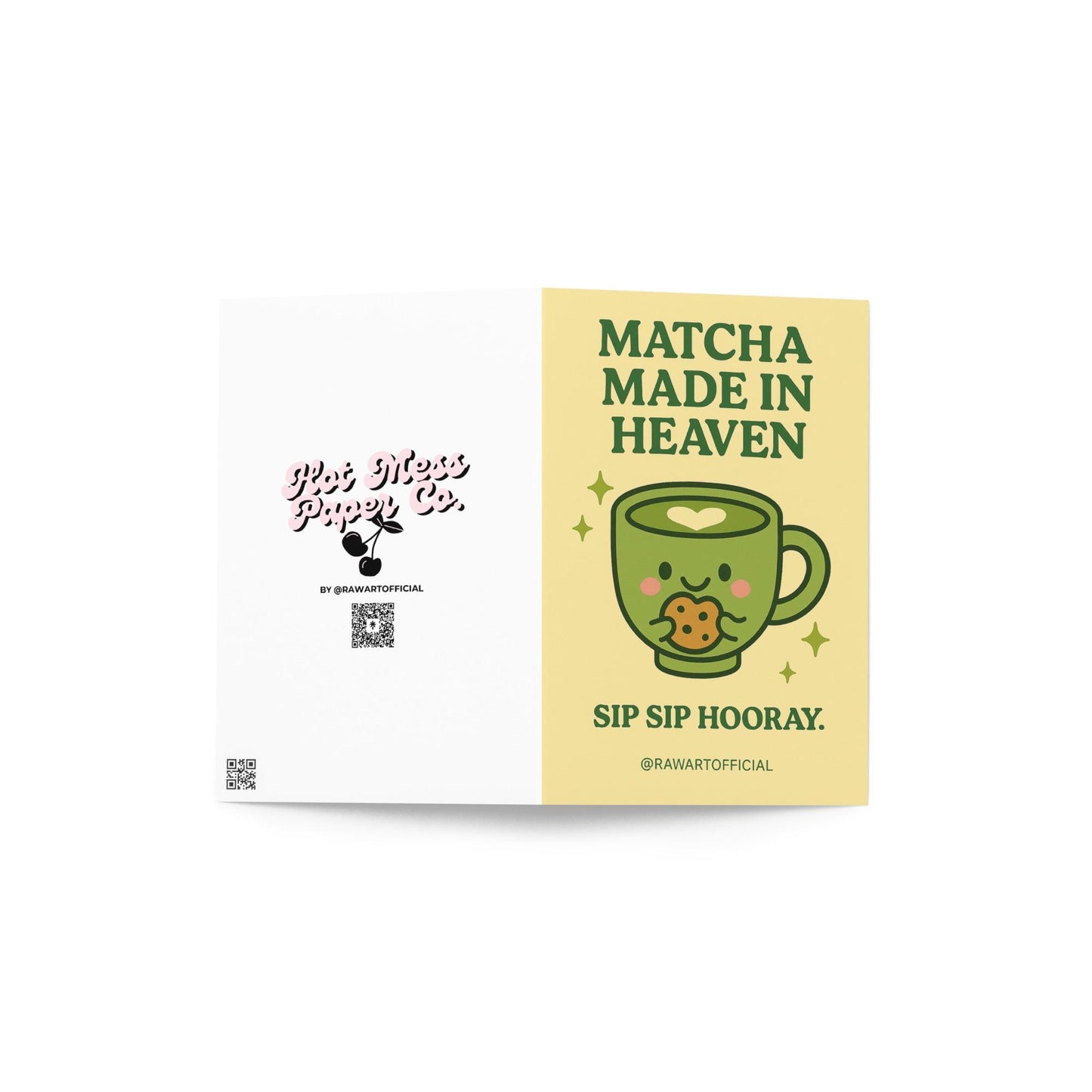 Greeting card with a smiling matcha cup holding a cookie and text reading “Matcha Made in Heaven.”
