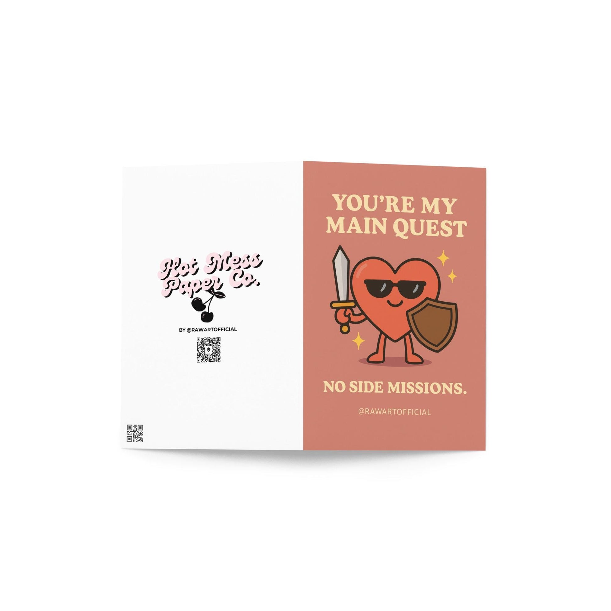 Funny gamer love card with cartoon heart character holding a sword and shield with text “You’re My Main Quest – No Side Missions.”