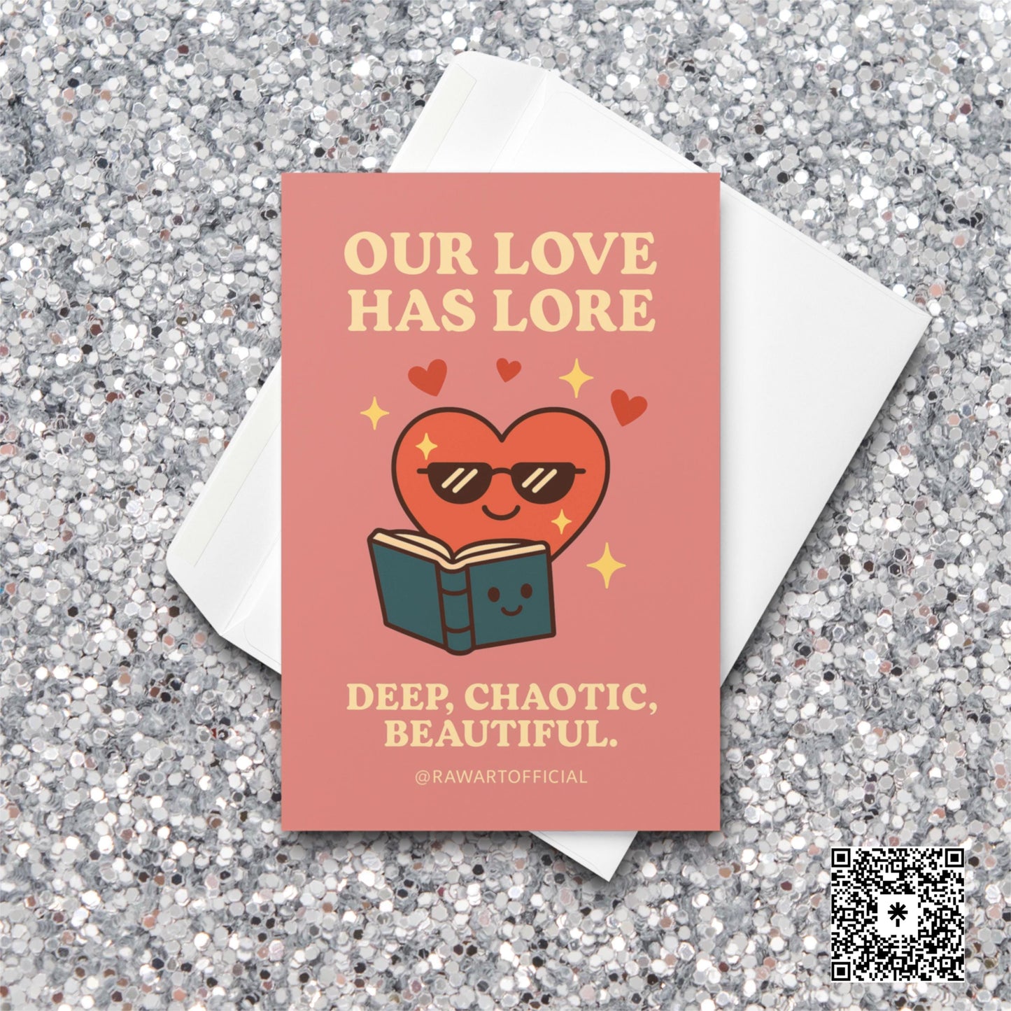 Cute heart reading a book with romantic “Our Love Has Lore” message on pink background.