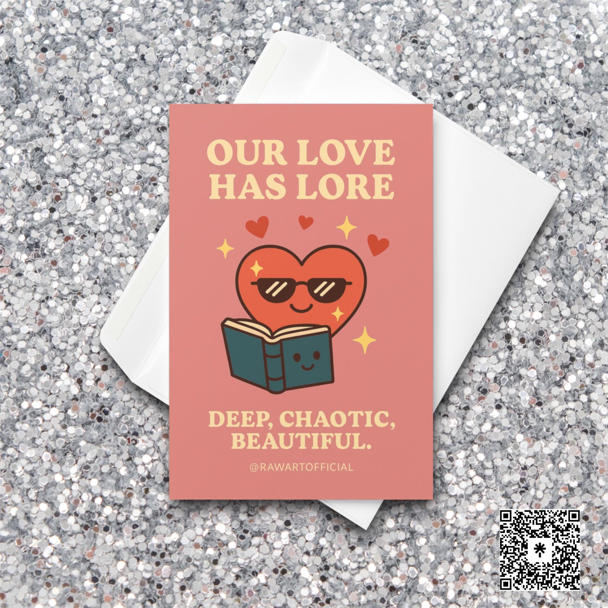 Cute heart reading a book with romantic “Our Love Has Lore” message on pink background.