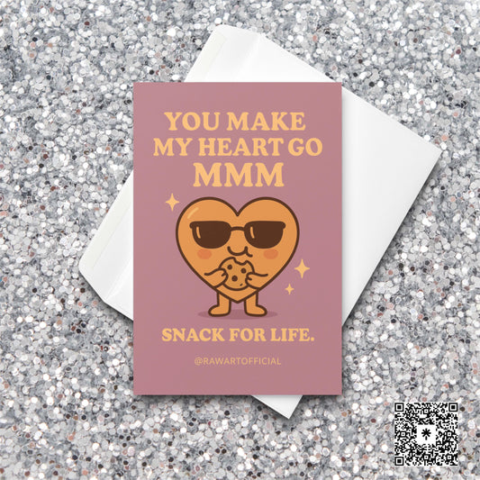 Cute heart in sunglasses eating a cookie with text “You make my heart go mmm.”