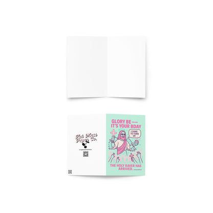 Funny neon Jesus birthday card saying “I came to turn up” with festival crowd.