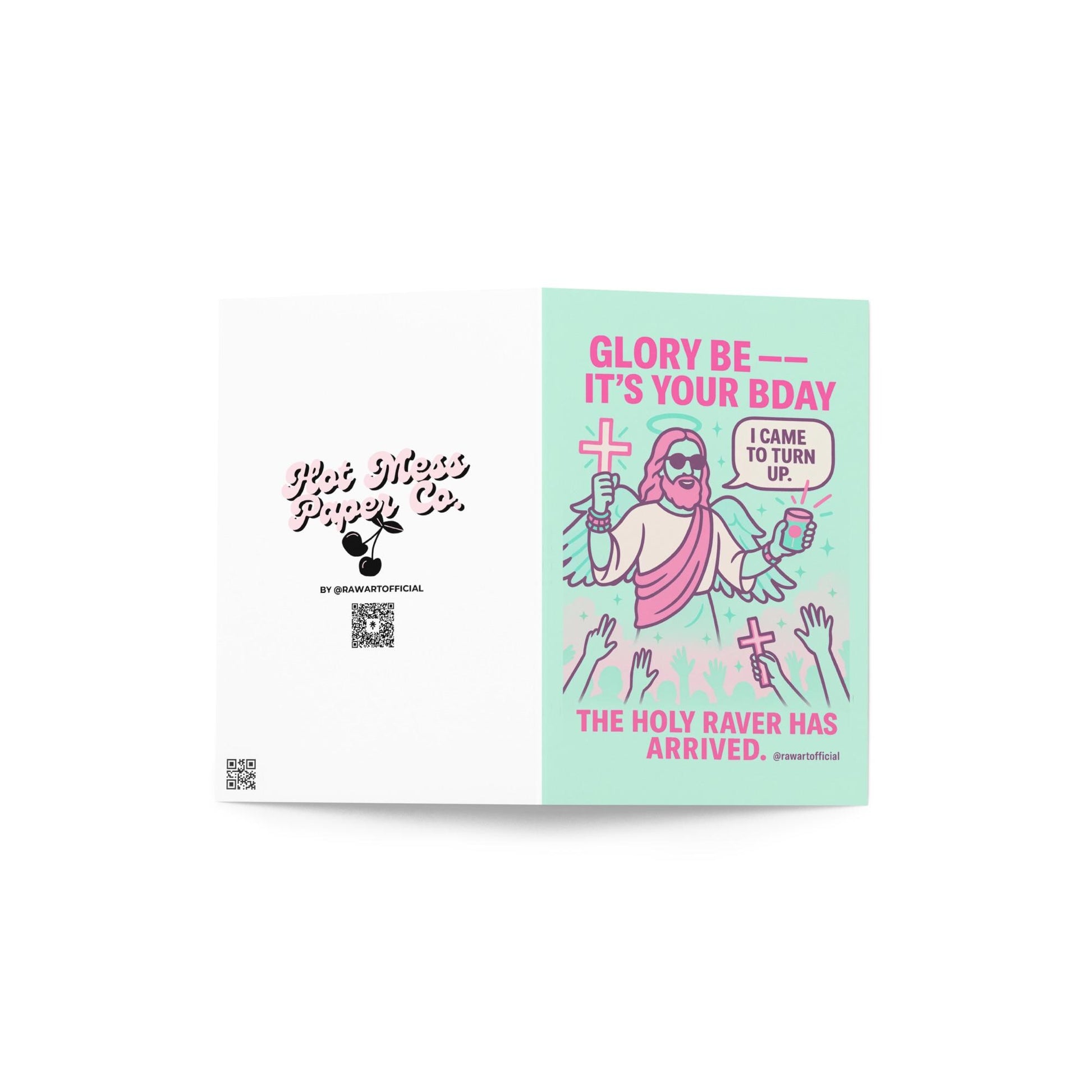 Funny neon Jesus birthday card saying “I came to turn up” with festival crowd.