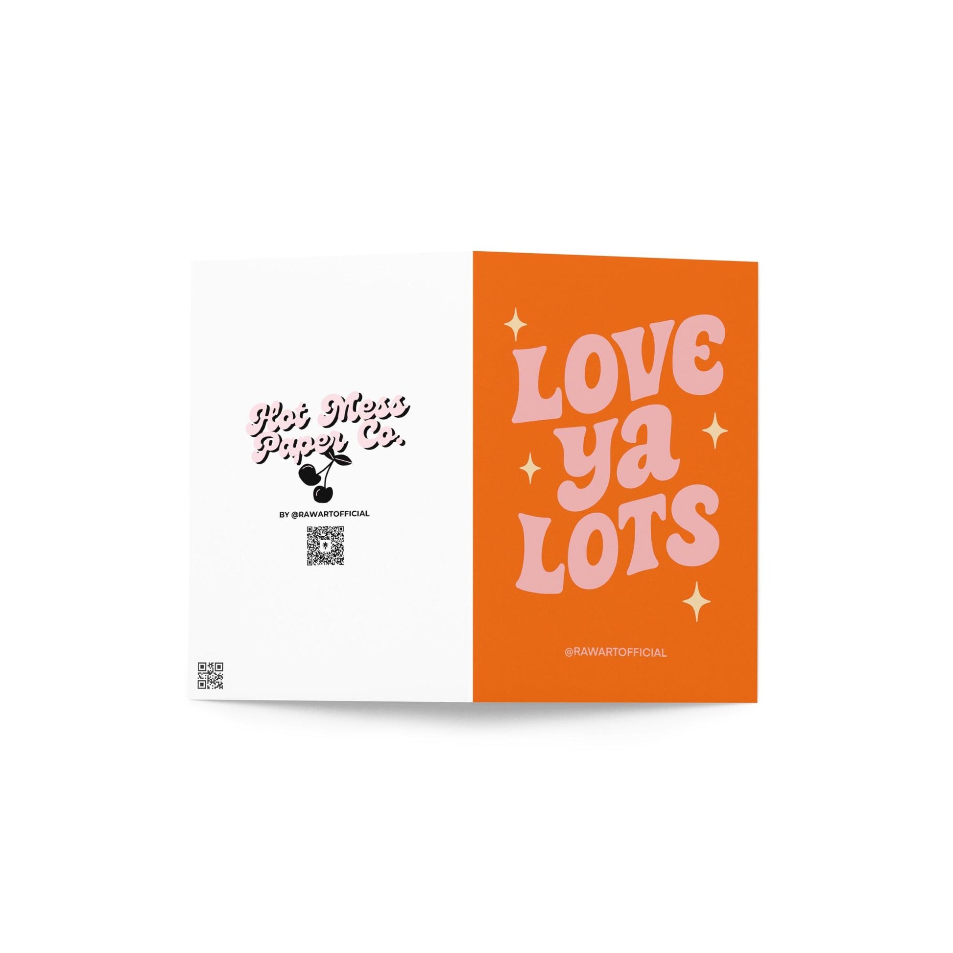 Pink and red retro Valentine card with text “Love Ya Lots.”
