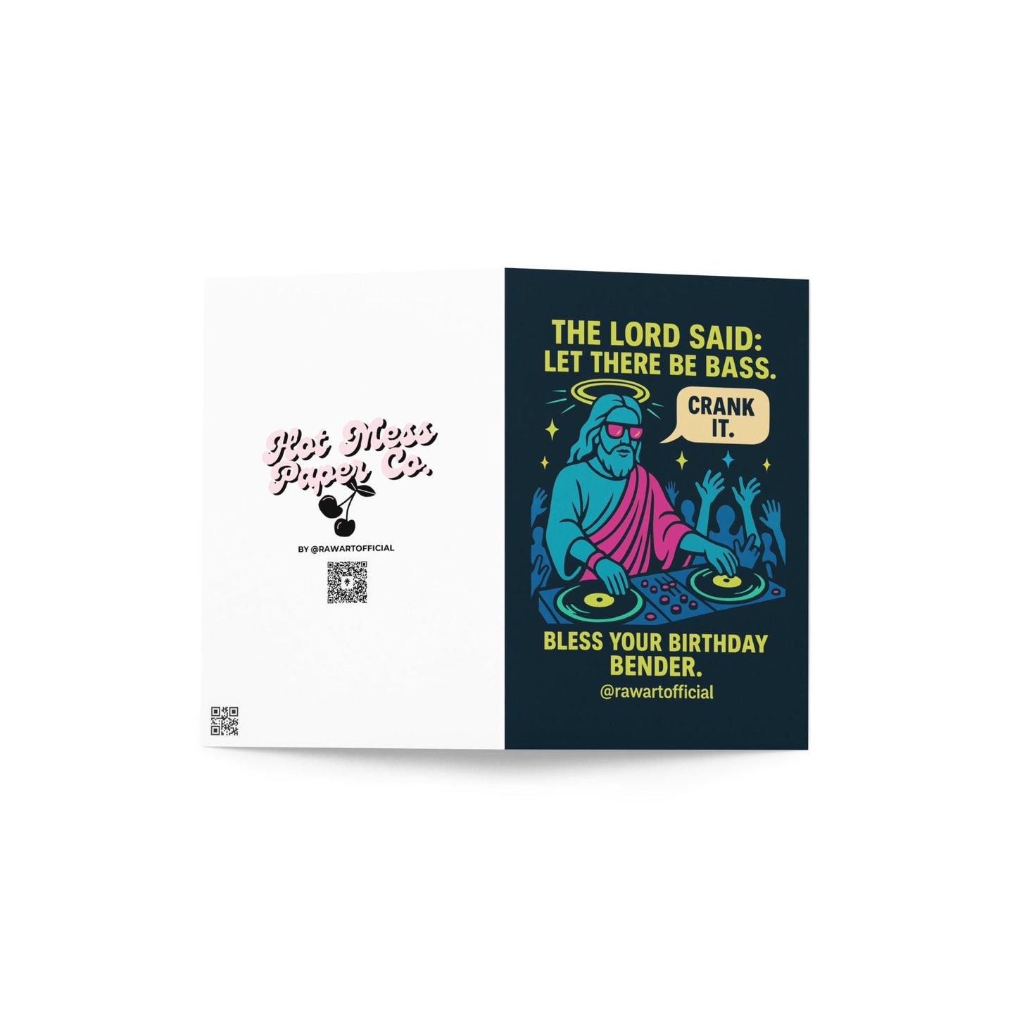 Funny DJ Jesus rave birthday card with neon colors, bass humor, and dancing crowd.