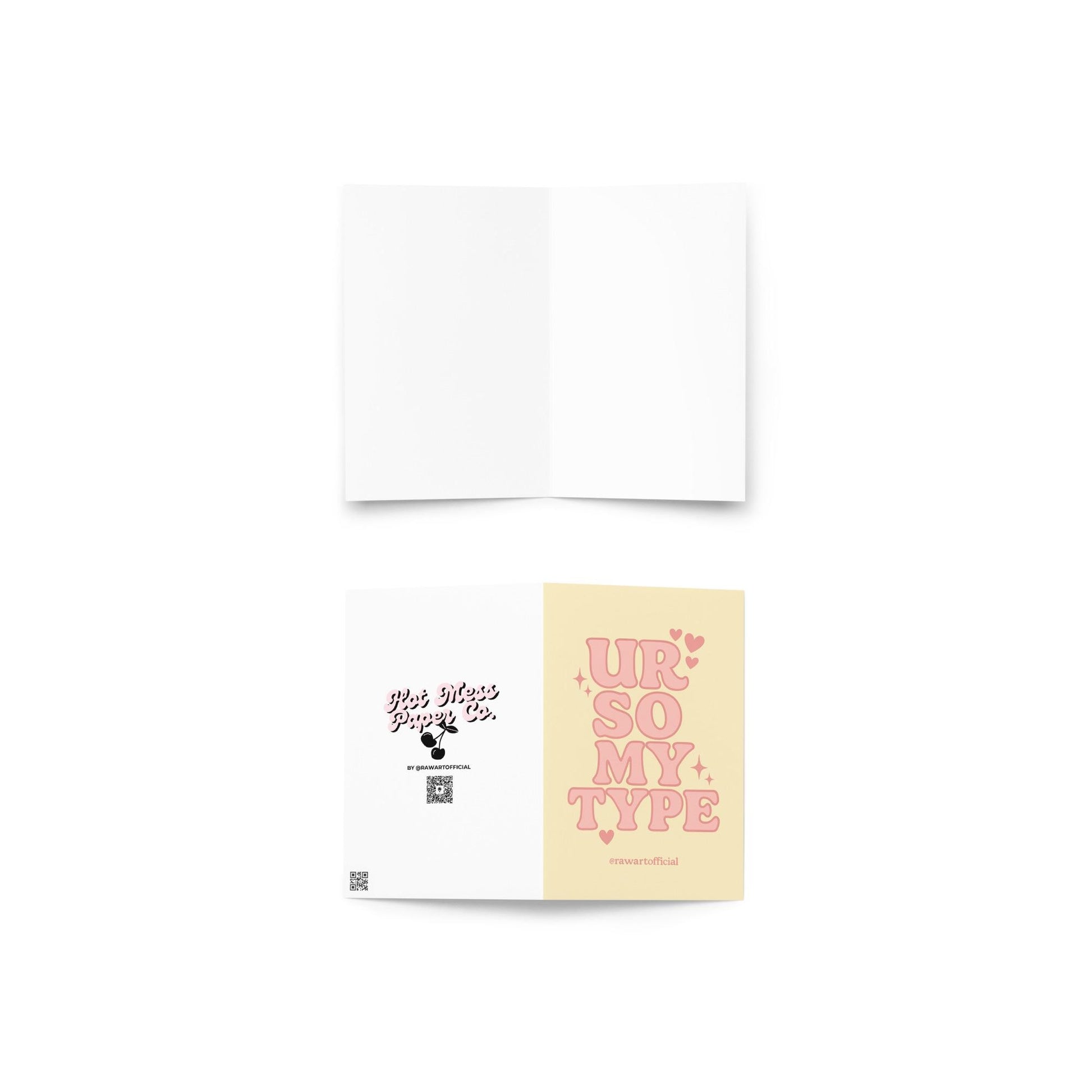 Cute greeting card with retro pink lettering reading “Ur So My Type” on a soft yellow background with hearts.