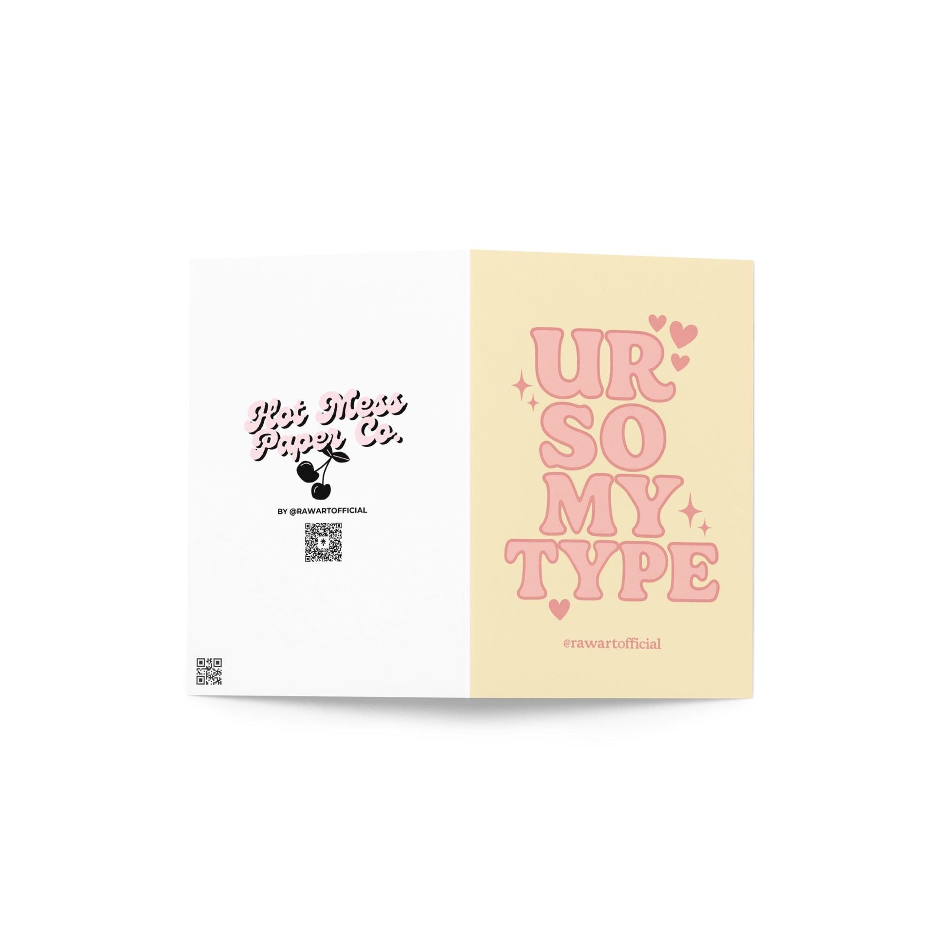 Cute greeting card with retro pink lettering reading “Ur So My Type” on a soft yellow background with hearts.