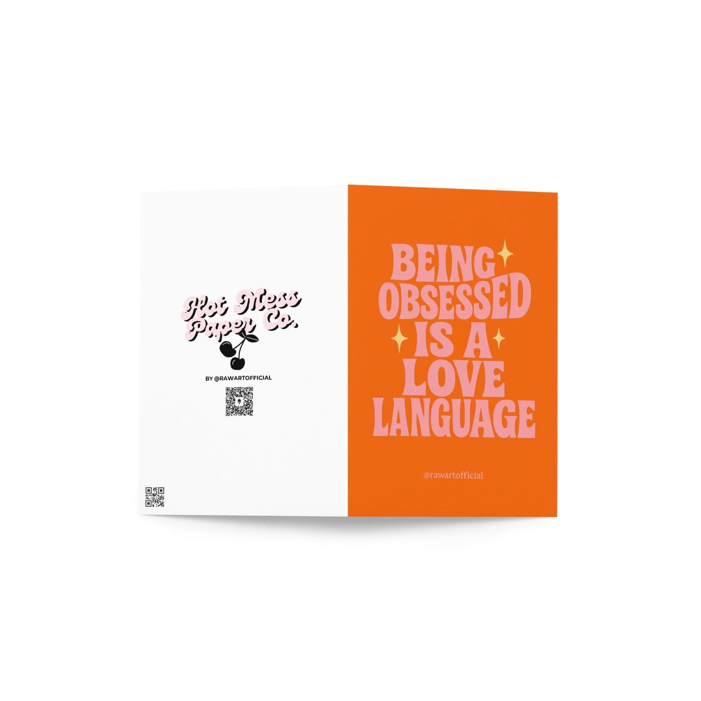 Pink retro Valentine card with text “Being Obsessed Is a Love Language.”