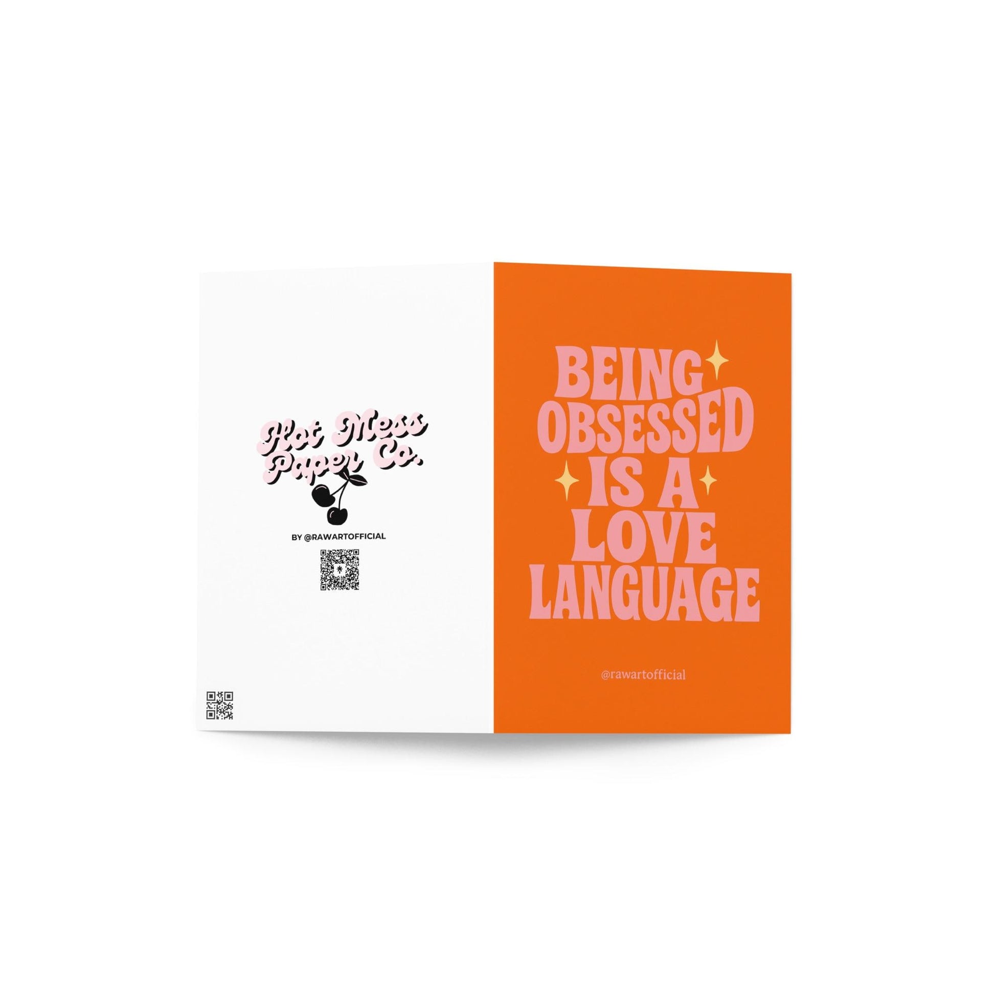Pink retro Valentine card with text “Being Obsessed Is a Love Language.”