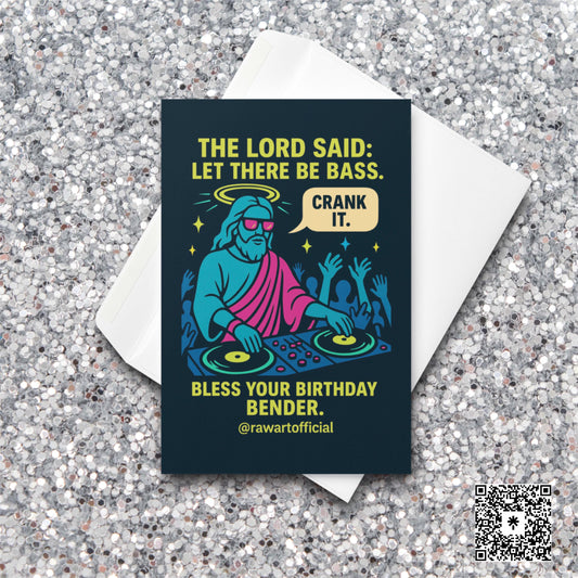 Funny DJ Jesus rave birthday card with neon colors, bass humor, and dancing crowd.