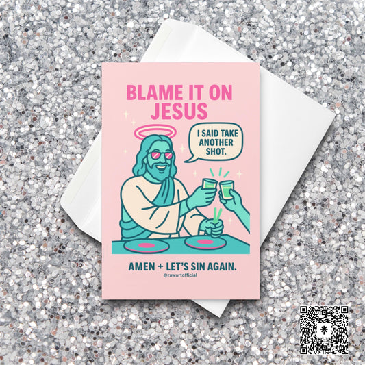 Funny Jesus party birthday card taking shots with neon colors and playful drinking humor.