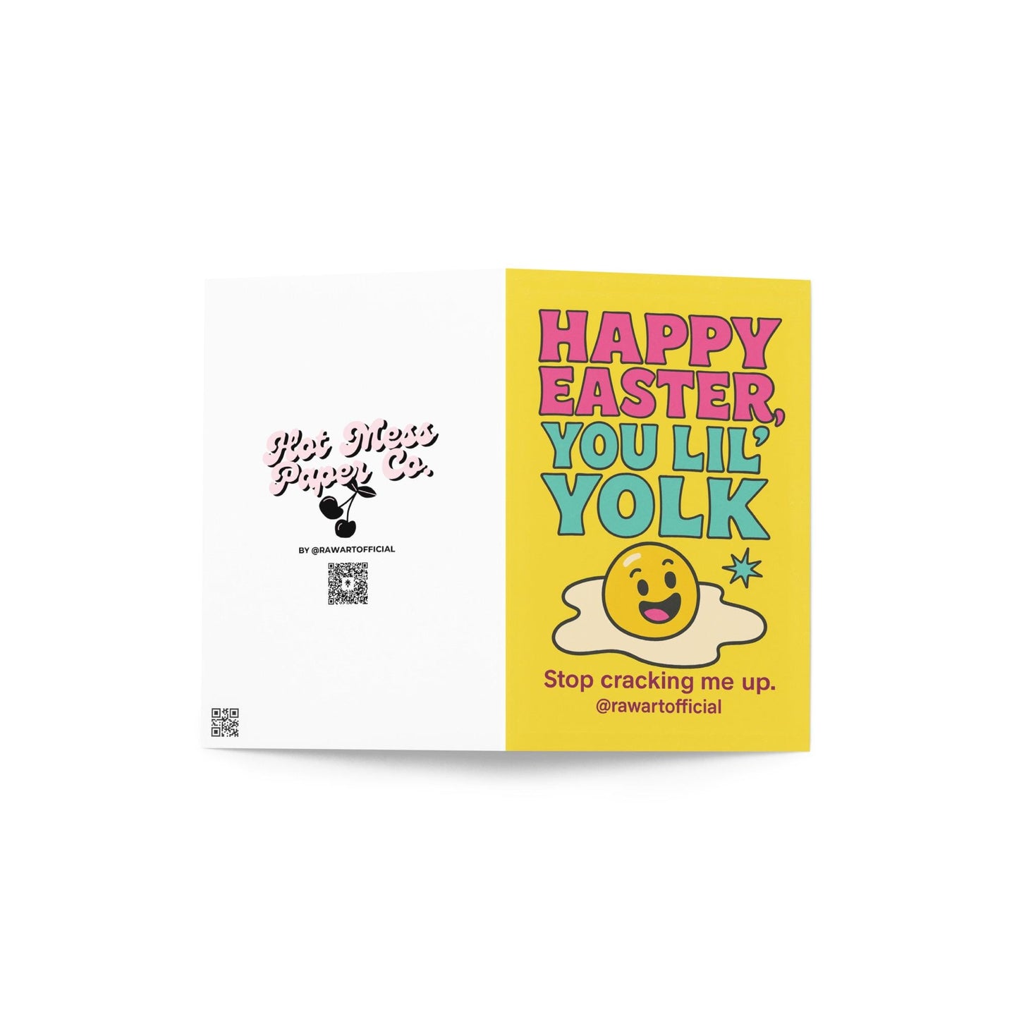 bright yellow easter card with smiling yolk character and bold pink and teal text funny egg pun holiday card