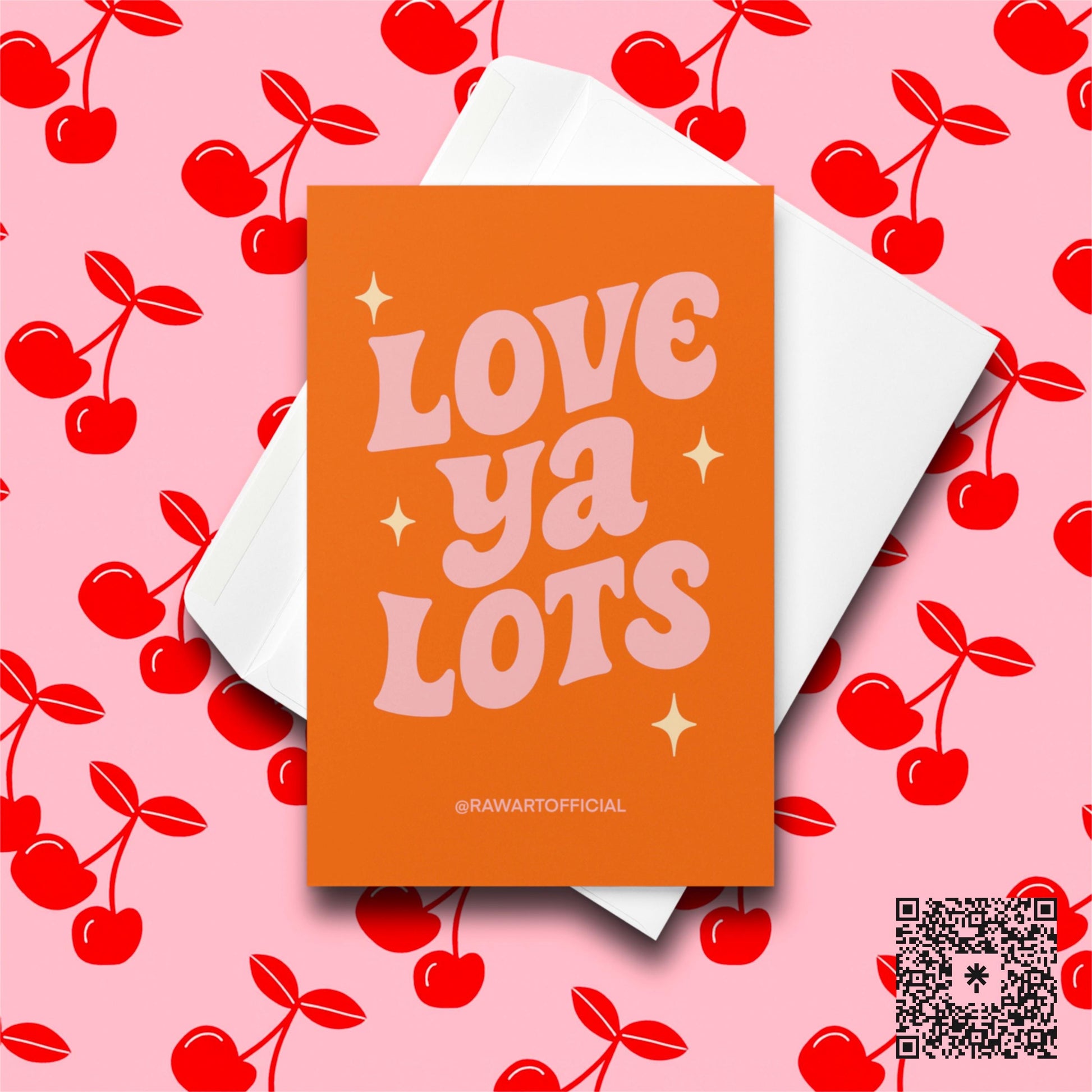 Pink and red retro Valentine card with text “Love Ya Lots.”