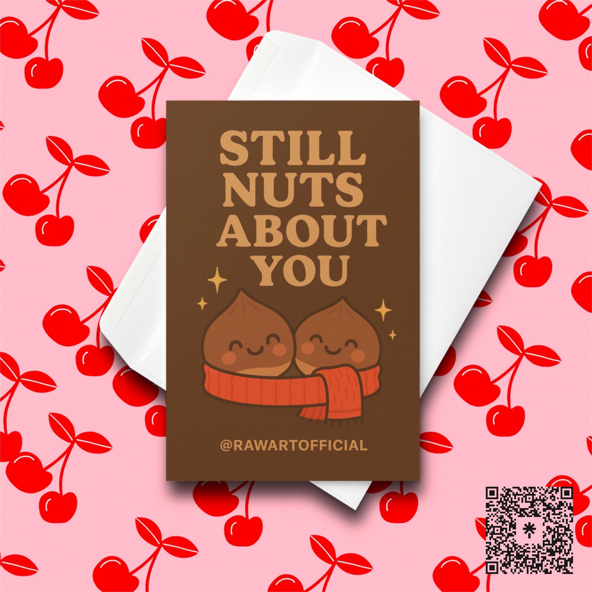 Cute chestnut couple wrapped in a scarf with text “Still Nuts About You.”