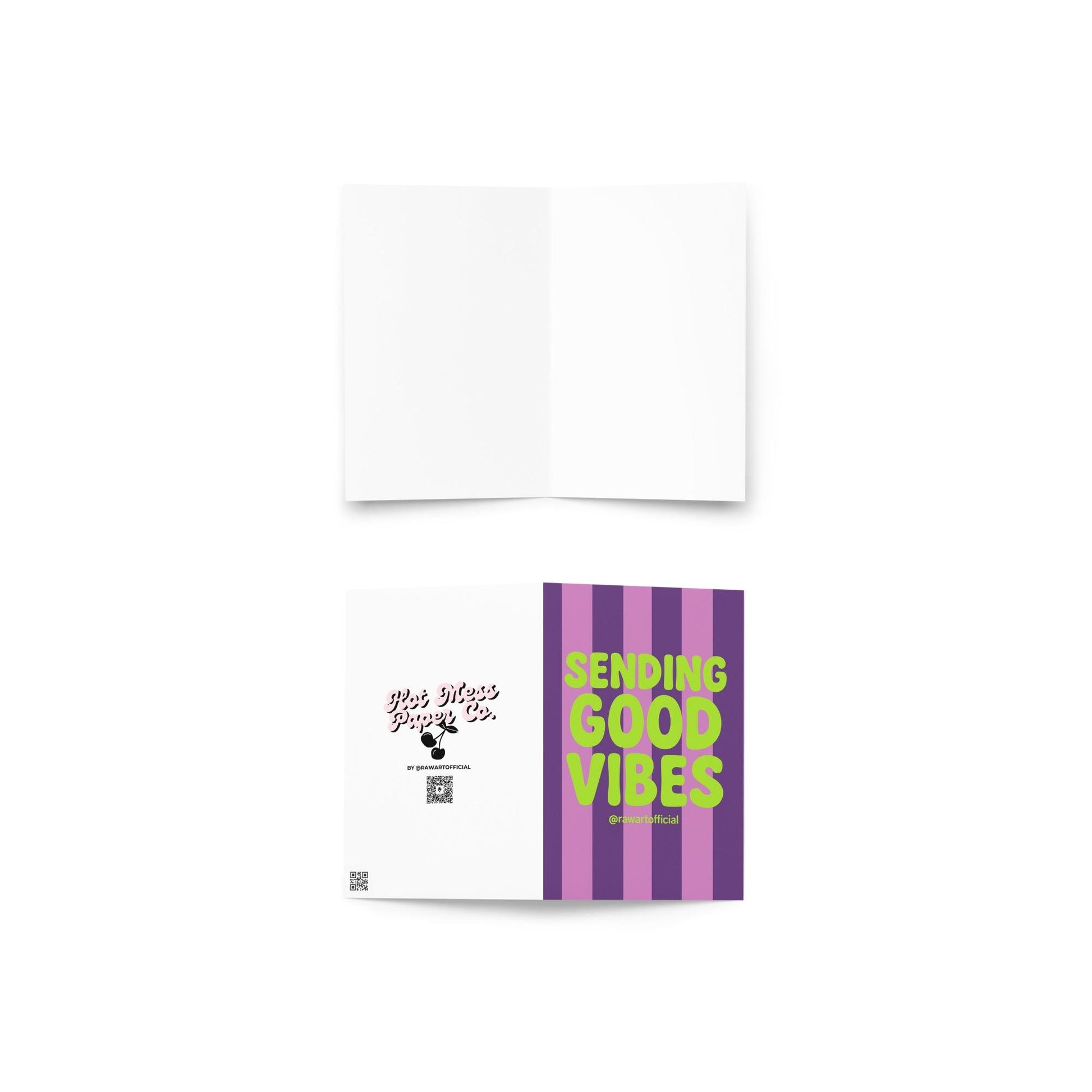 Neon lime green “SENDING GOOD VIBES” text on pink and purple striped retro greeting card.