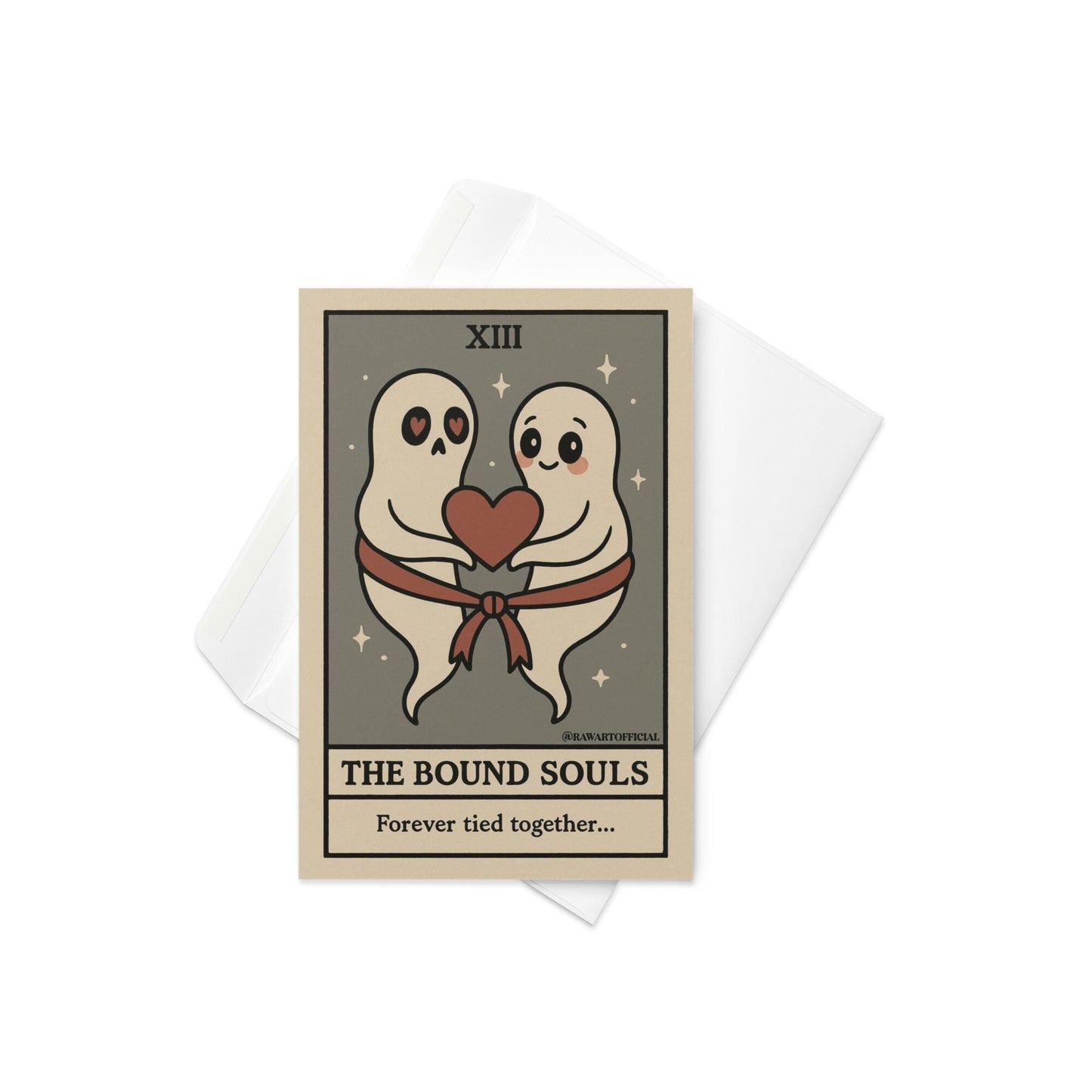 Two ghosts tied with a ribbon holding a heart with text “The Bound Souls – Forever tied together.”