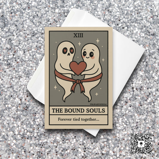 Two ghosts tied with a ribbon holding a heart with text “The Bound Souls – Forever tied together.”