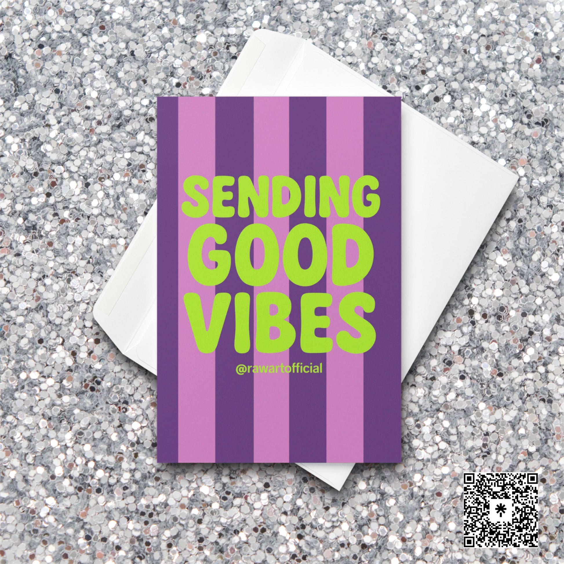 Neon lime green “SENDING GOOD VIBES” text on pink and purple striped retro greeting card.