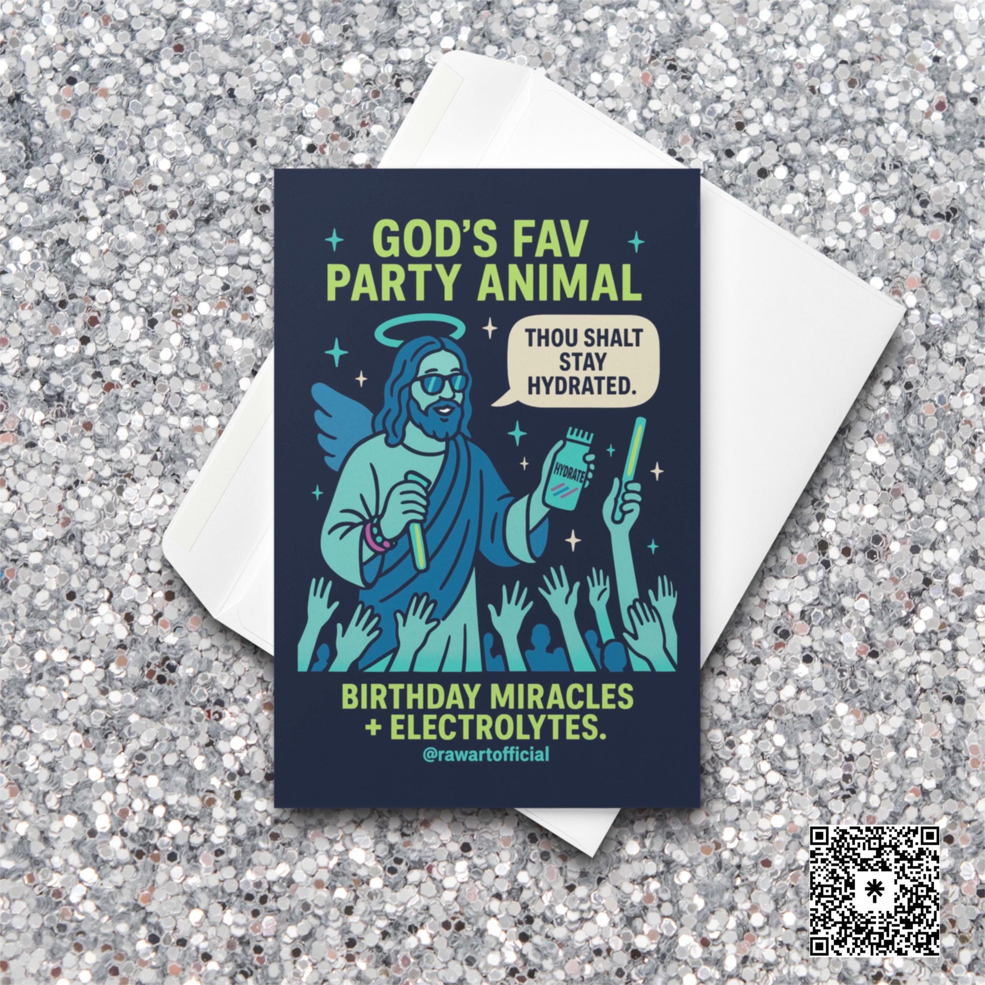Funny Jesus rave birthday card with hydration theme and glowing retro style.