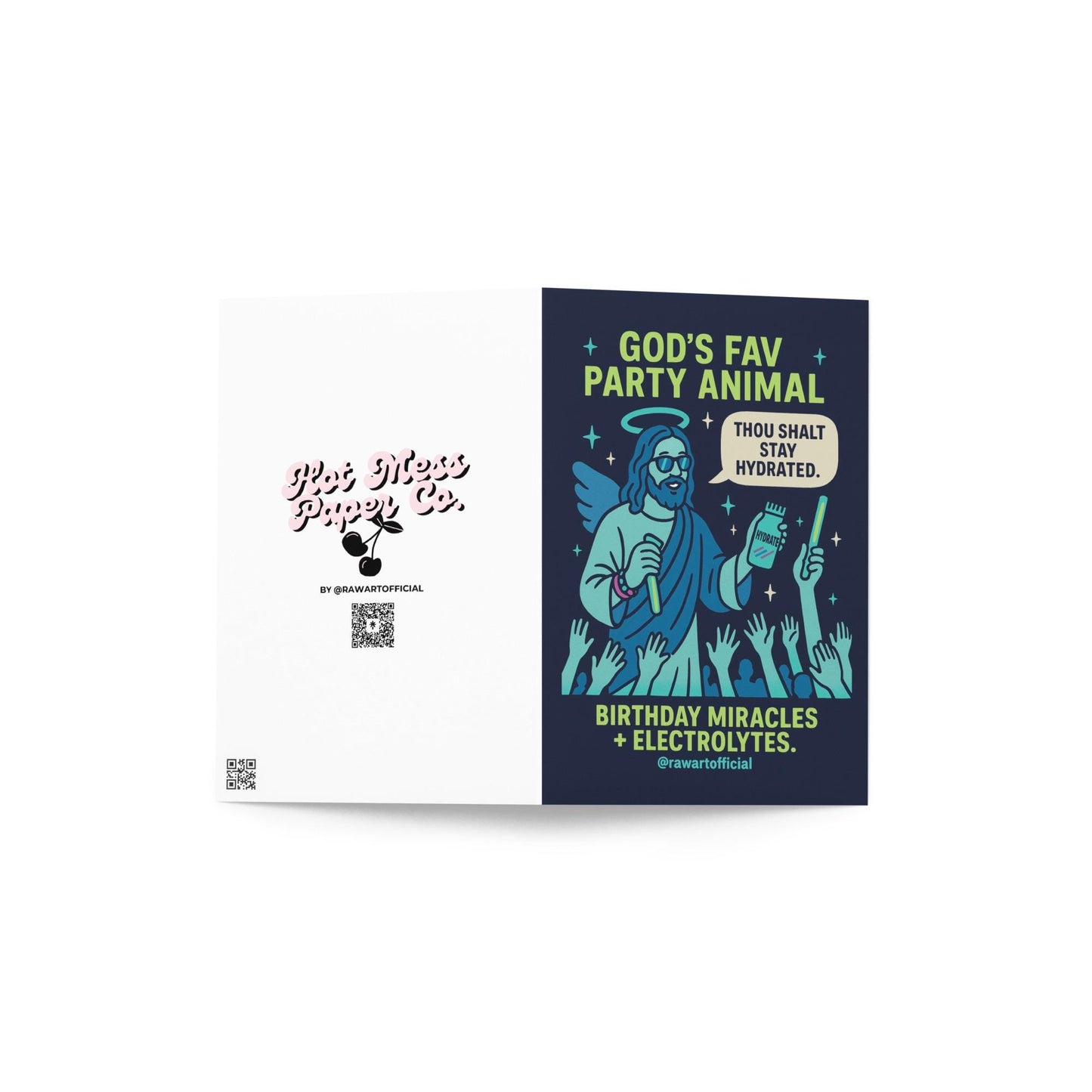 Funny Jesus rave birthday card with hydration theme and glowing retro style.
