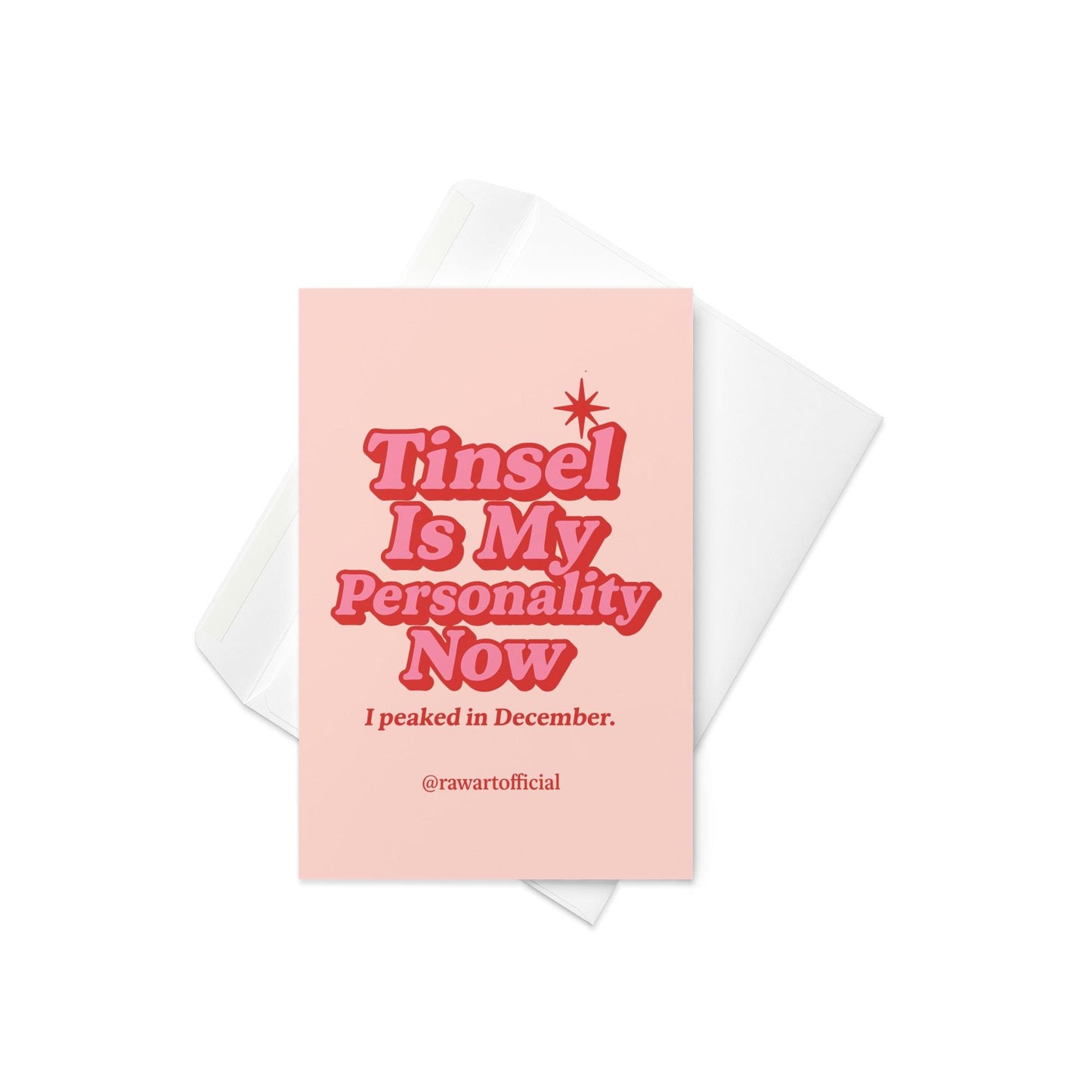 Pink card with red and pink bubble text reading “Tinsel Is My Personality Now” retro holiday design.