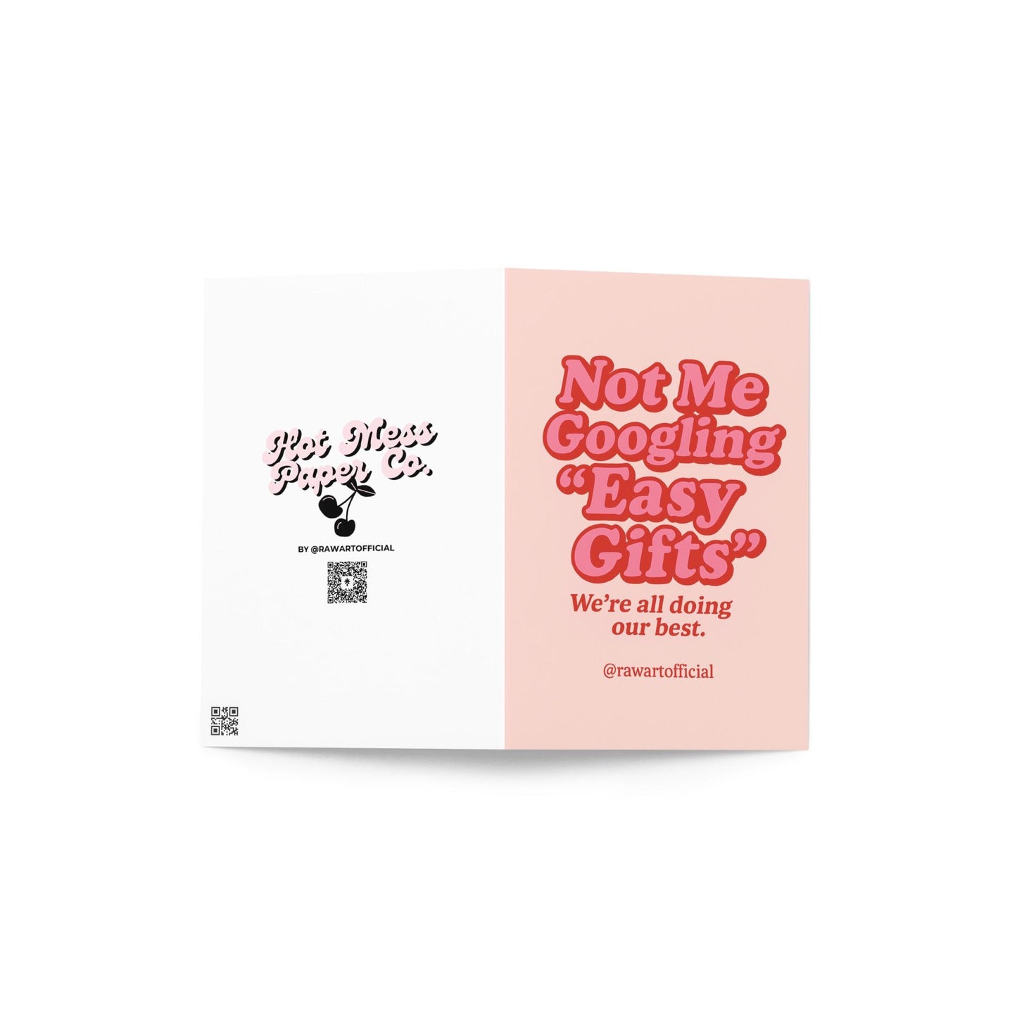 Pink and red retro Christmas card with text “Not Me Googling Easy Gifts – We’re all doing our best.”