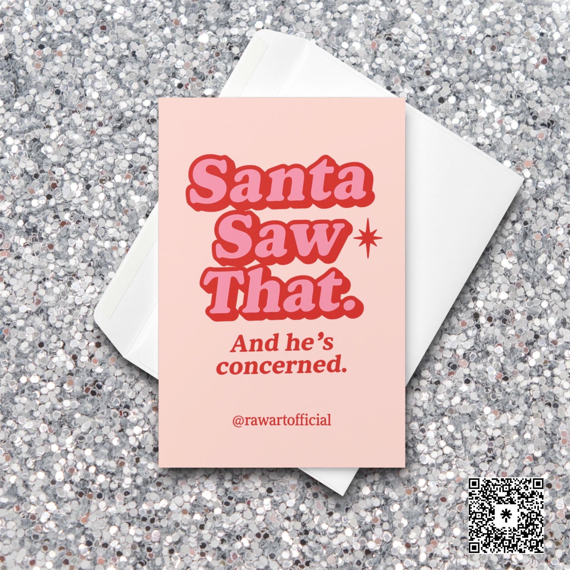 Pink and red retro card with text “Santa Saw That – And he’s concerned.”