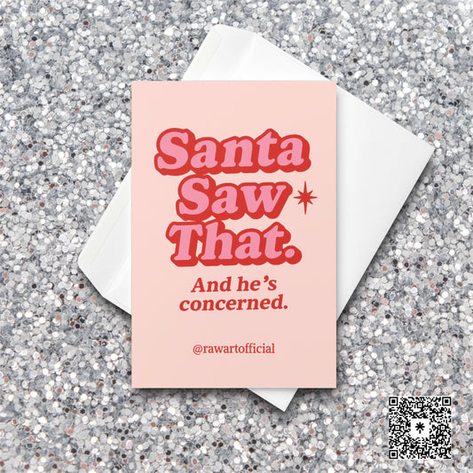 Pink and red retro card with text “Santa Saw That – And he’s concerned.”
