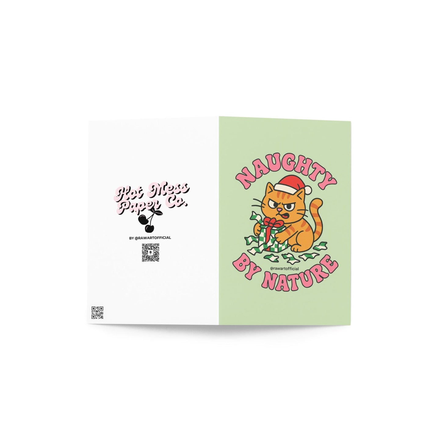 Orange cat tearing wrapping paper with “Naughty By Nature” text above and below.