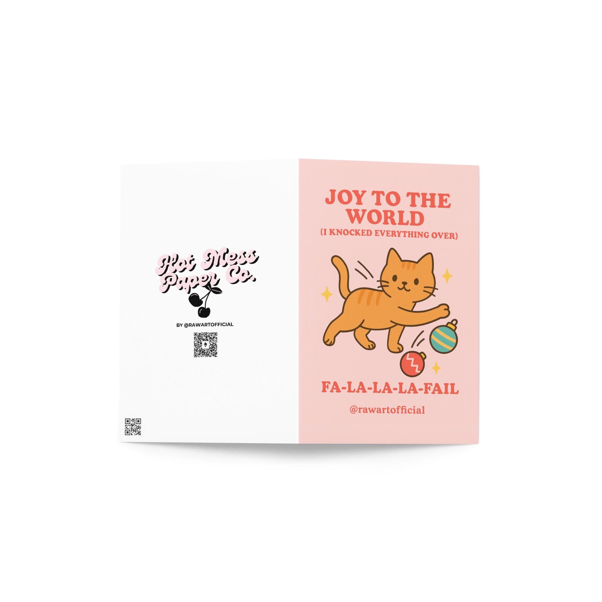 Orange cat batting ornaments with text “Joy to the World (I Knocked Everything Over).”