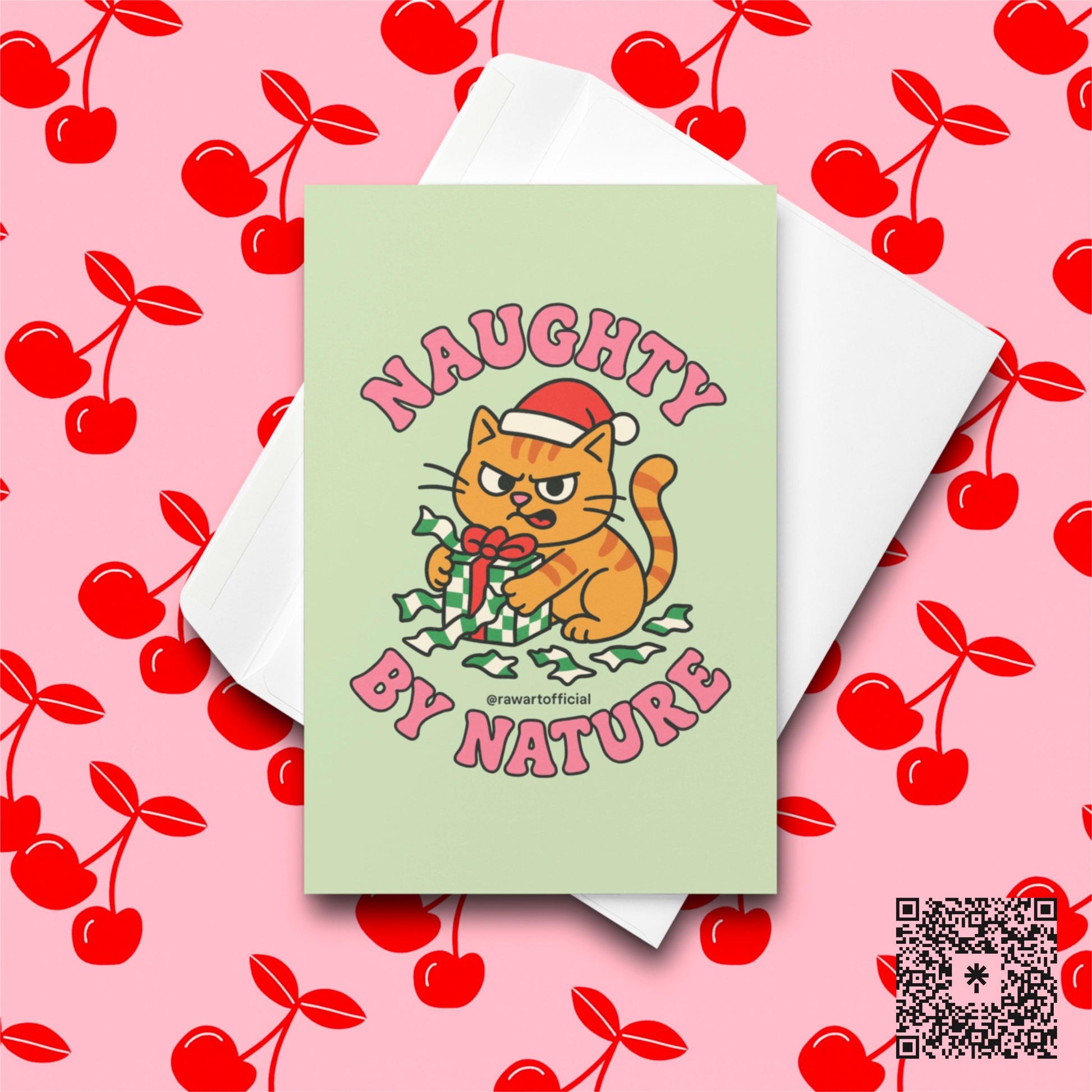 Orange cat tearing wrapping paper with “Naughty By Nature” text above and below.