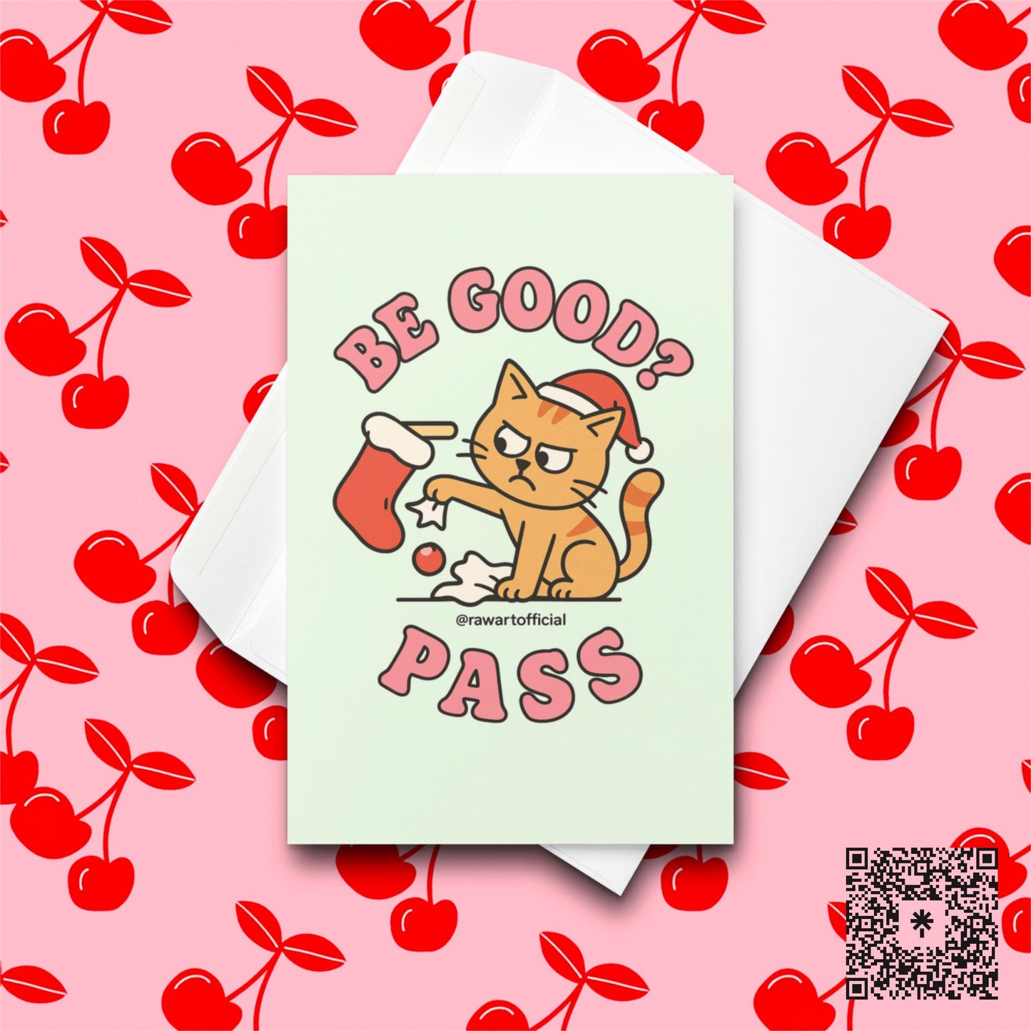 Orange cat ripping a stocking with text “Be Good? Pass” on pastel green background.